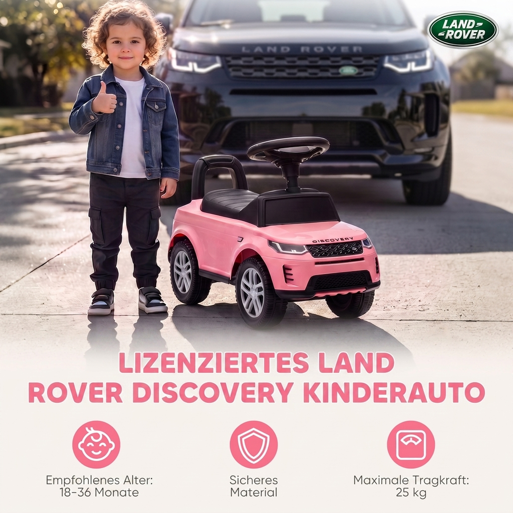 LAND ROVER DISCOVERY Rutschauto, Rutschfahrzeug mit Hupe, Motorgeräuschen Stauraum unter dem Sitz 18-36 Monaten Rosa