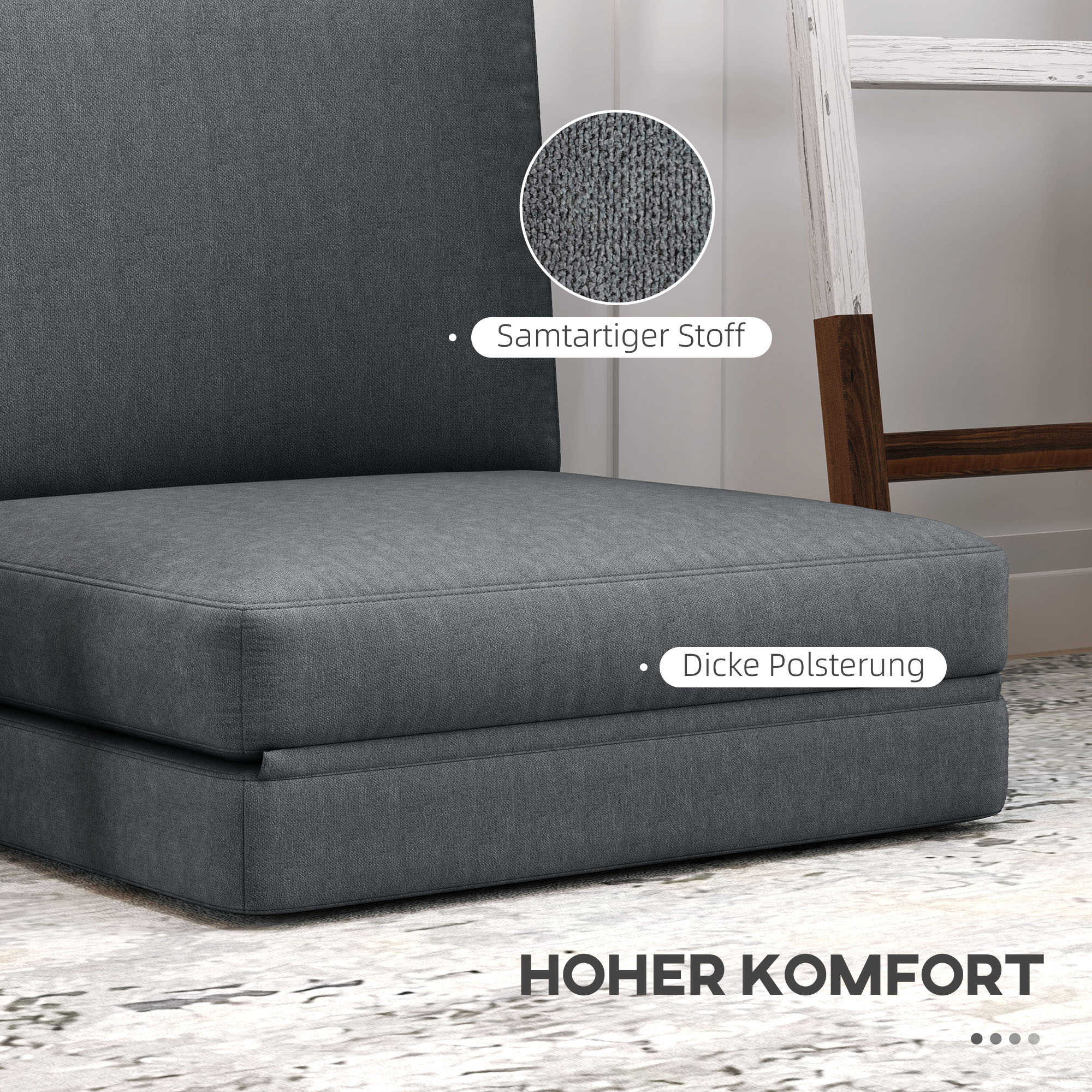 Faltbarer Bodensessel mit Kissen, wandelbares Polstersofa, Wohnzimmer, Gästezimmer, Büro, 75 x 268 x 18 cm, Dunkelgrau