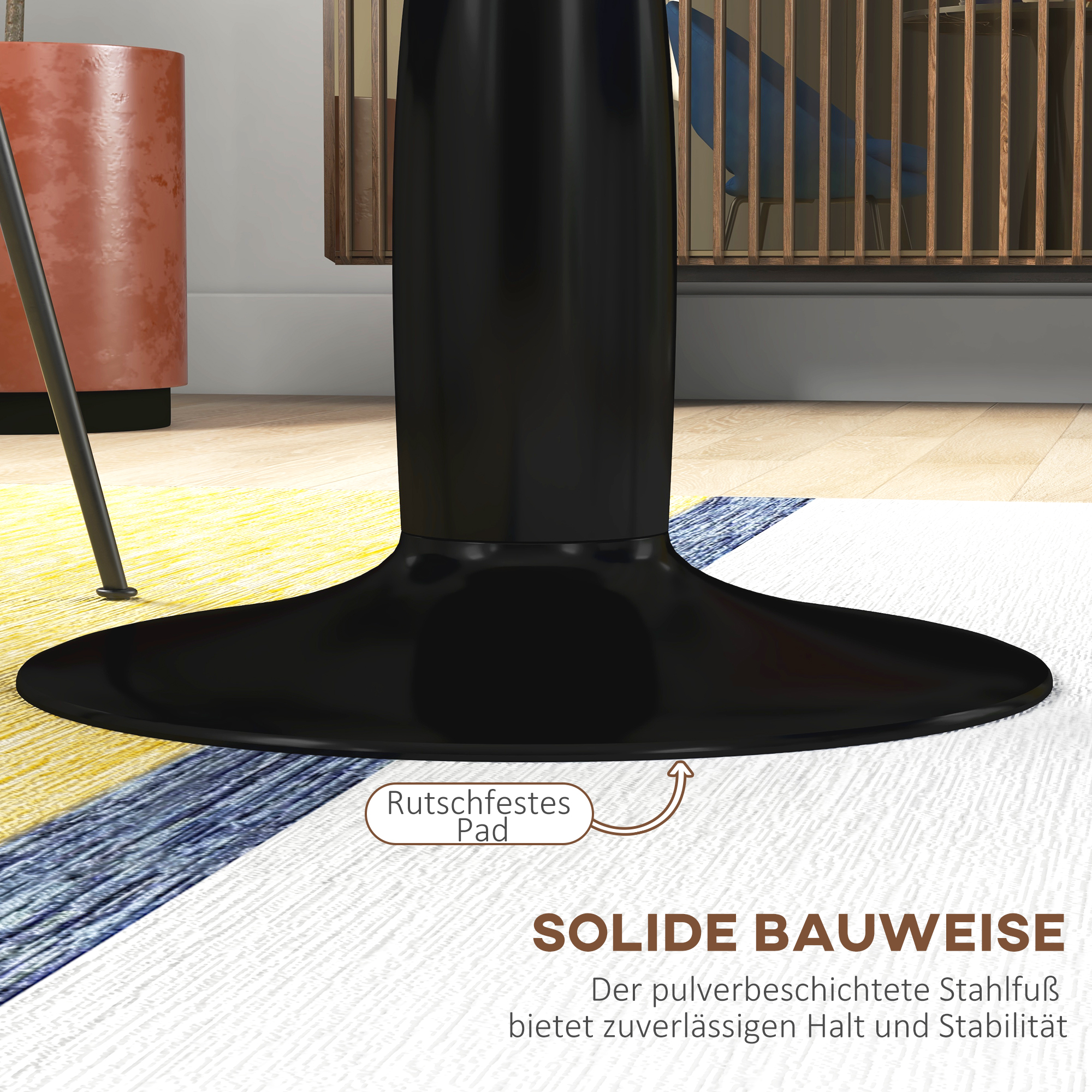 runder Esstisch, pulverbeschichteter Stahl, MDF mit Melamin, rutschfeste Füße, 70 x 74 cm, Schwarz