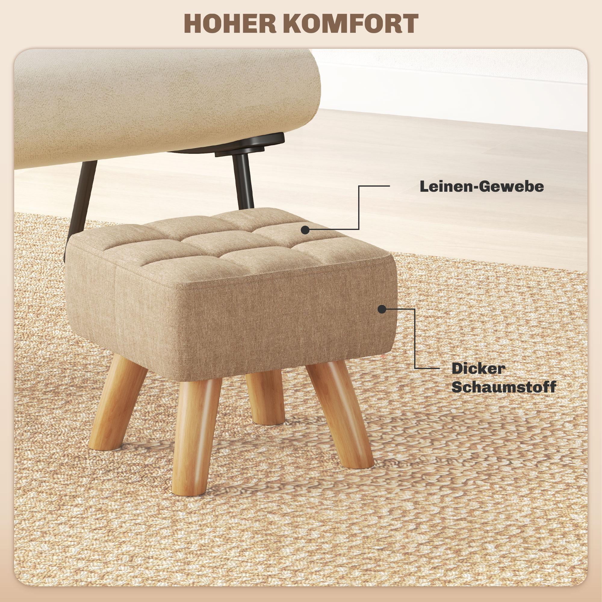 Fußhocker mit Polsterung, Leinenoptik, Holzbeine, bis 110 kg belastbar, Braun