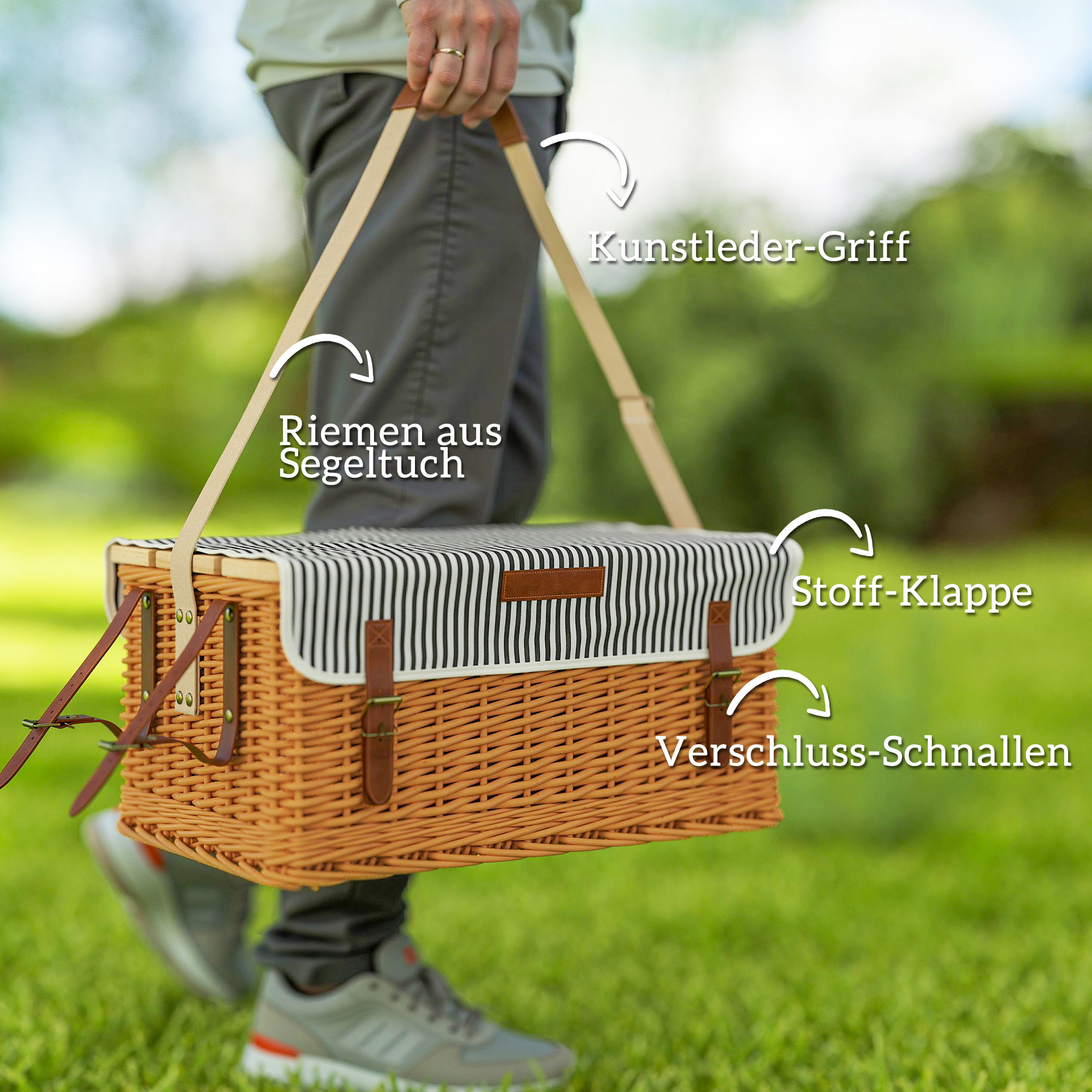 Picknickkorb aus Weidenholz Picknickkoffer für 4 Personen mit Picknickdecke Besteck Set, Flascheöffner Hellbraun