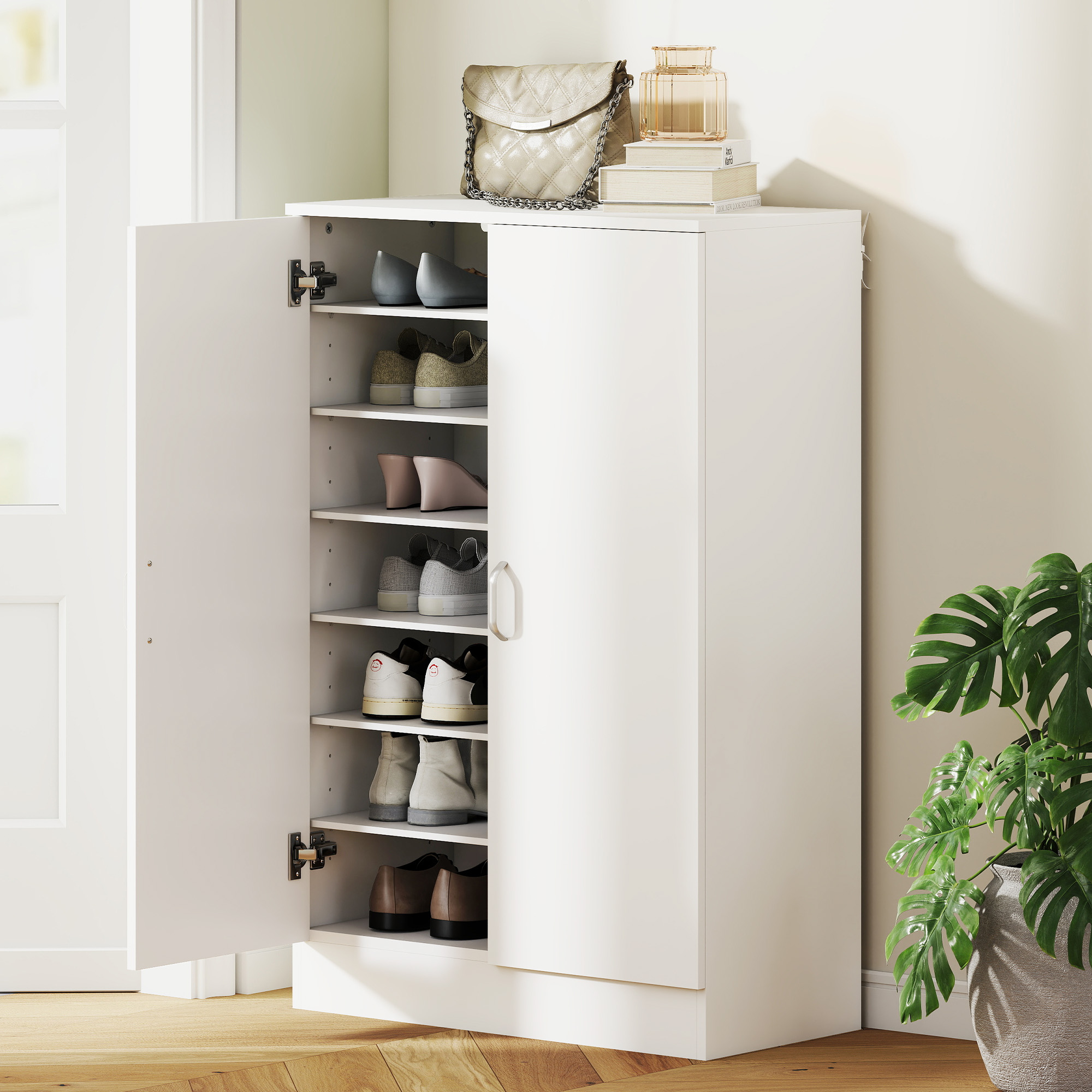 Schuhschrank mit 2 Türen, 6 verstellbare Regalböden, Soft-Close-Scharniere für 21 Paar, Weiß