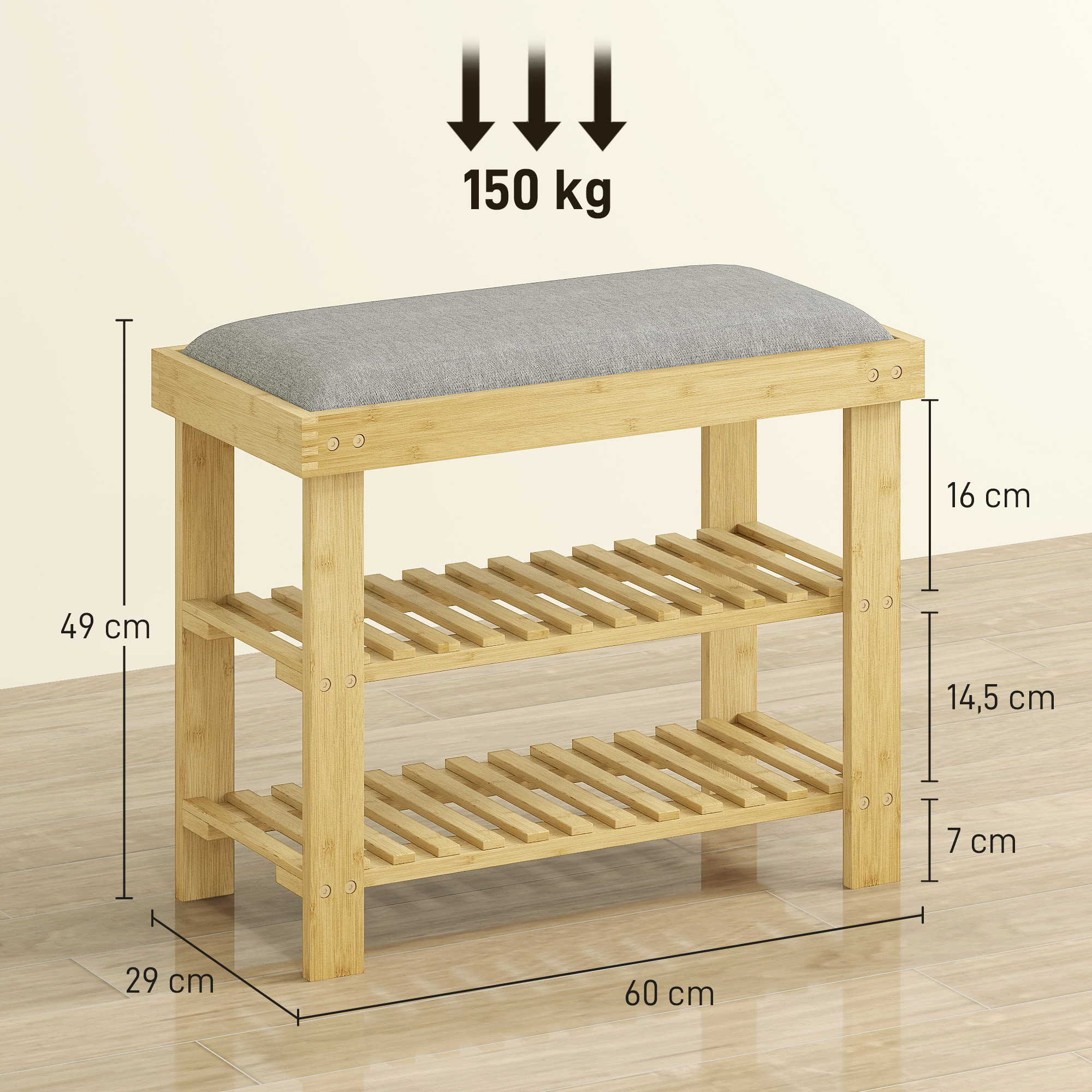 Schuhbank mit Sitzfläche, Bambus Sitzbank mit Stauraum, 2 offene Fächer, Sitzbank 60 x 29 x 49 cm Grau