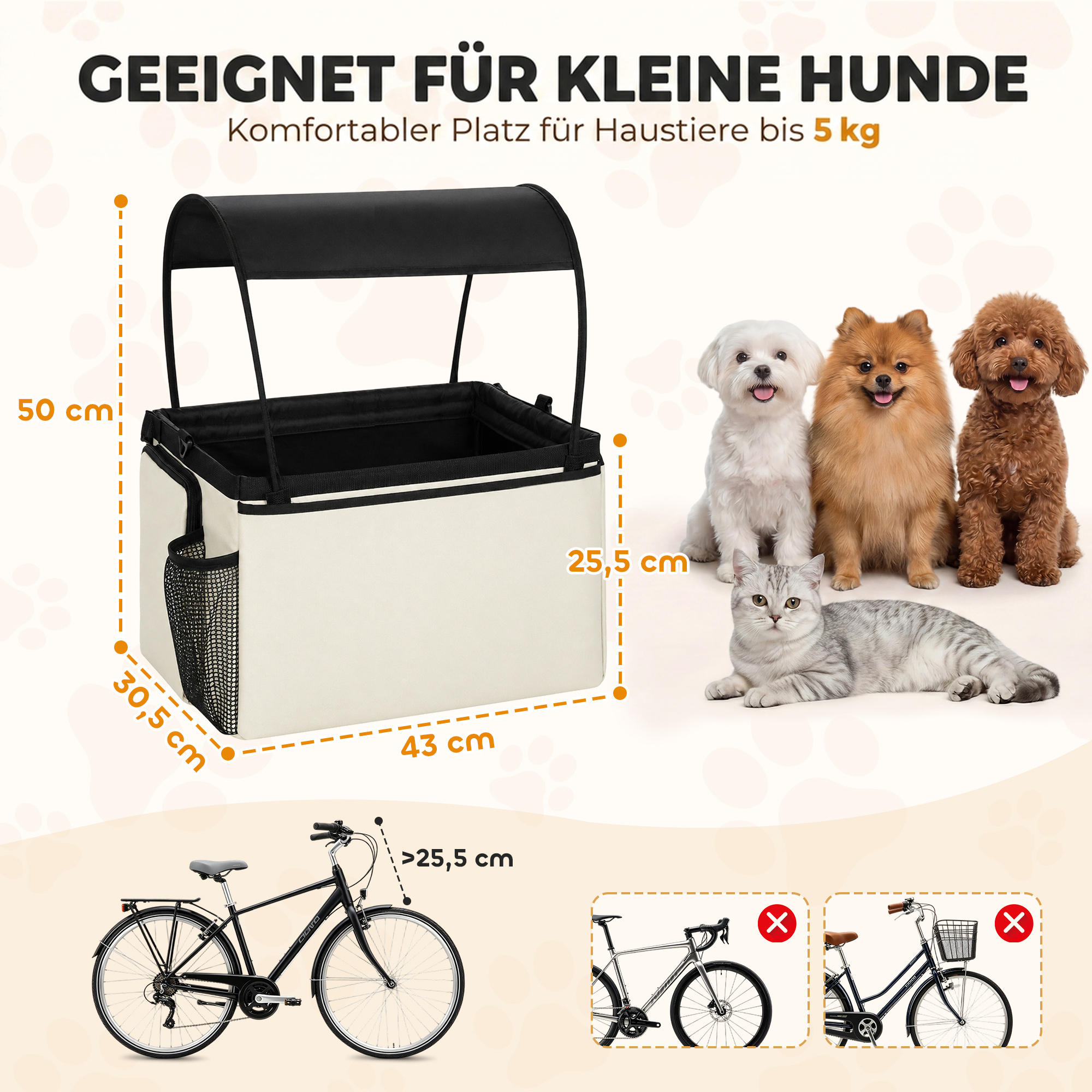 Hundekorb Fahrrad Vorne 2-in-1 Tragbarer Hundefahrradkorb mit Verdeck Sicherheitsleine Schultergurt Seitentaschen 5kg