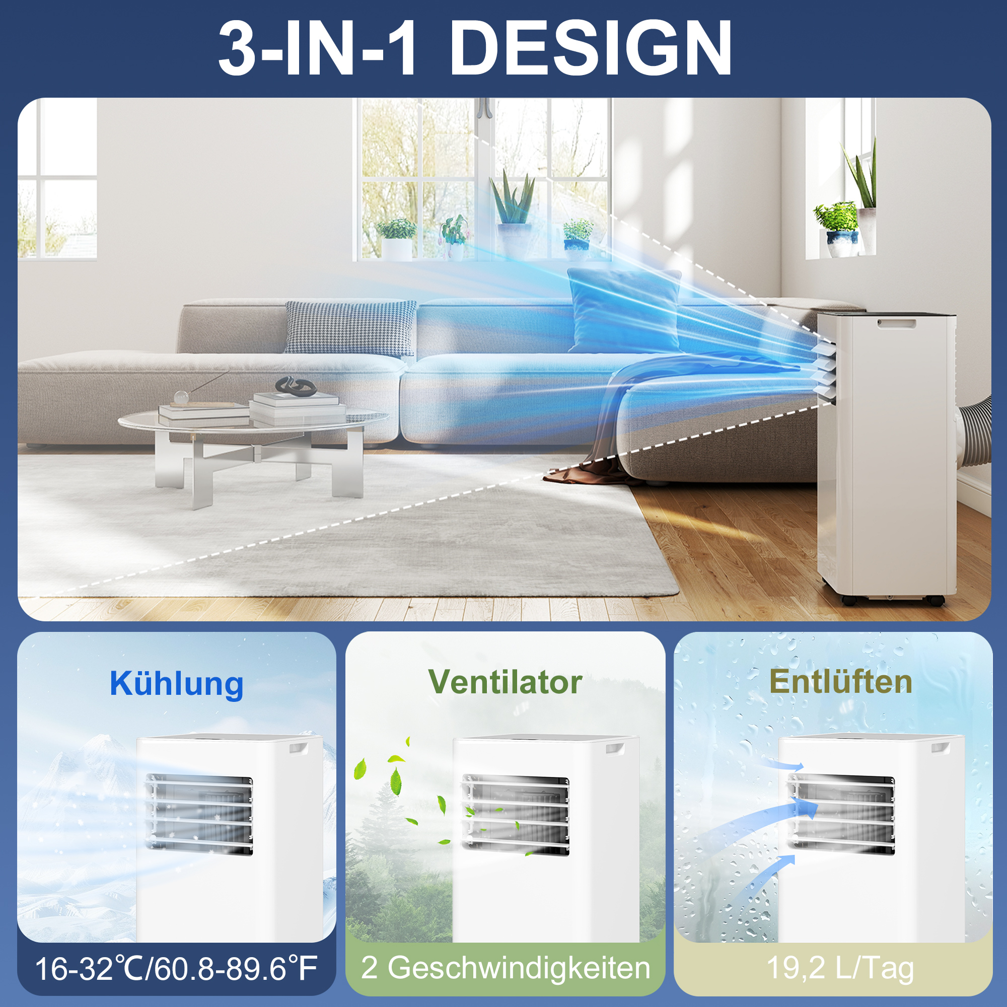 3-in-1 Klimaanlage, Ventilator mit LED-Anzeige, waschbarer Filter, Timer, Weiß
