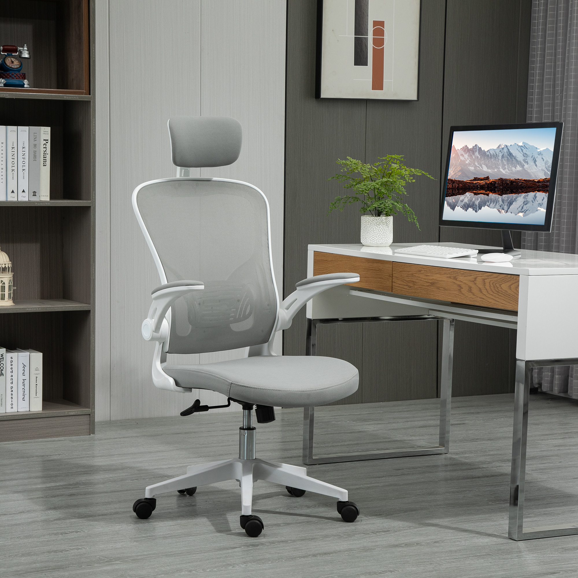 Bürostuhl ergonomischer Shreibtischstuhl mit Wippfunktion hoher Rückenlehne Lendenwirbelstütze Kopfstütze hochklappbarem Arm Home-Office Grau 65 x 64 x 114-122 cm