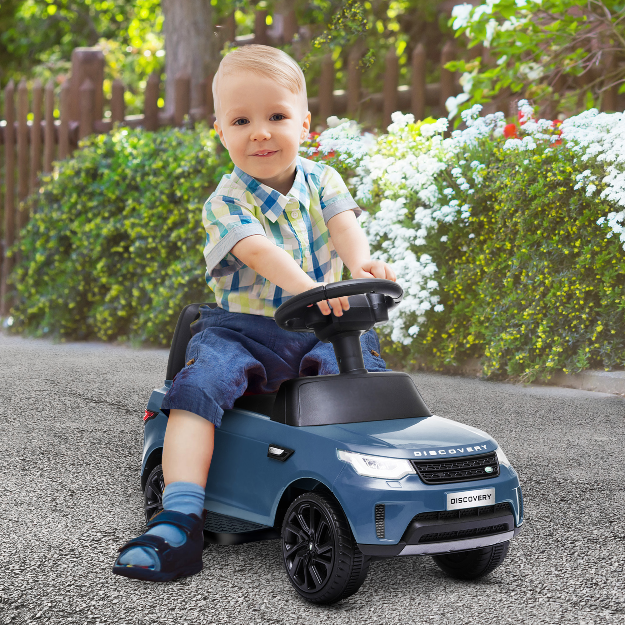 Elektro-Kinderauto 6V, Land Rover, Fahr-/Schiebemodus, Scheinwerfer, Musik, Hellblau
