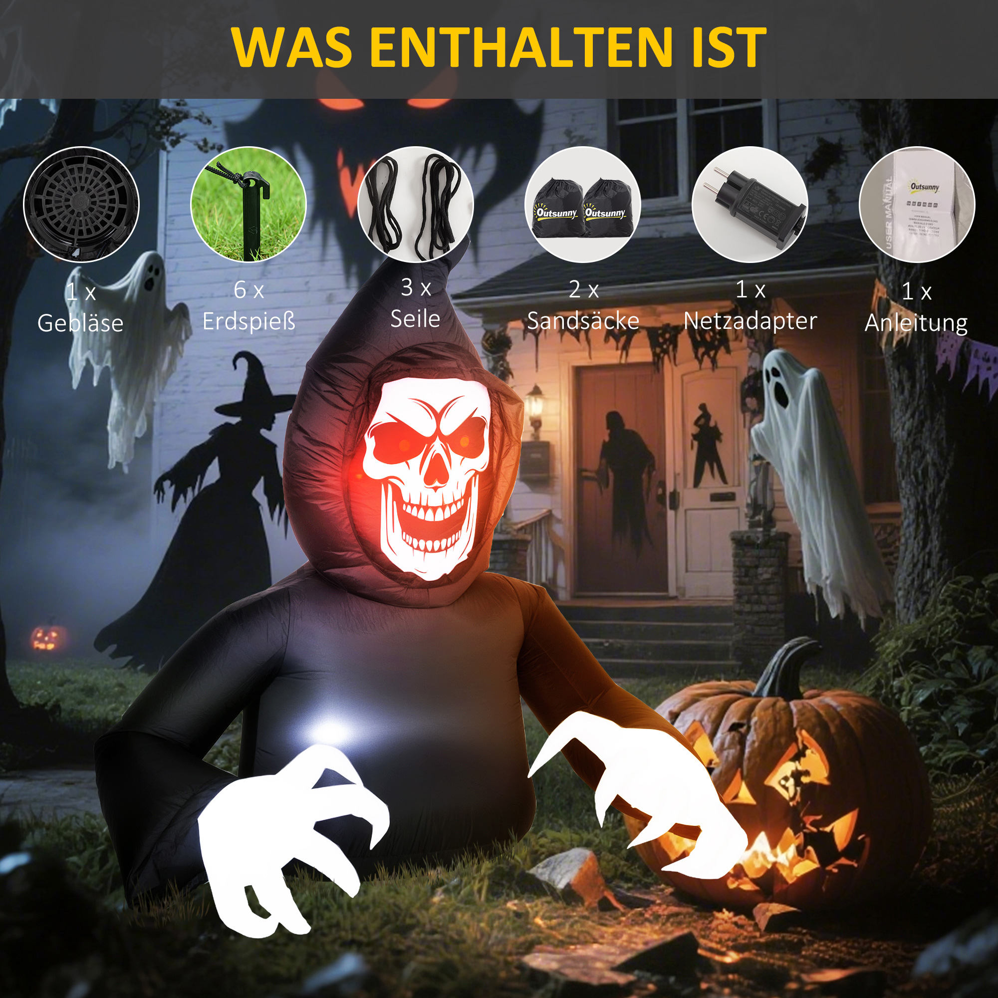 Aufblasbare Halloween-Dekoration, Sensenmann, LED-Leuchten, Gebläse, Kabel Aufblasbare Halloween-Dekoration, Sensenmann, LED-Leuchten, Gebläse, Kabel