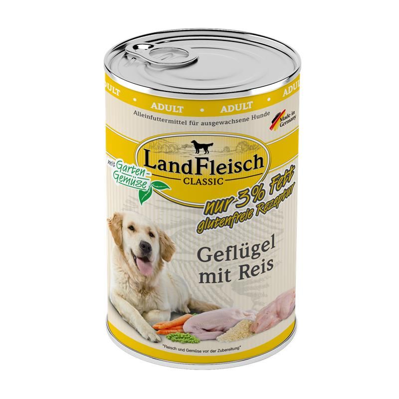Landfleisch Dog Classic Geflügel mit Reis & Gartengemüse extra mager - 400g Landfleisch Dog Classic Geflügel mit Reis & Gartengemüse extra mager - 400g