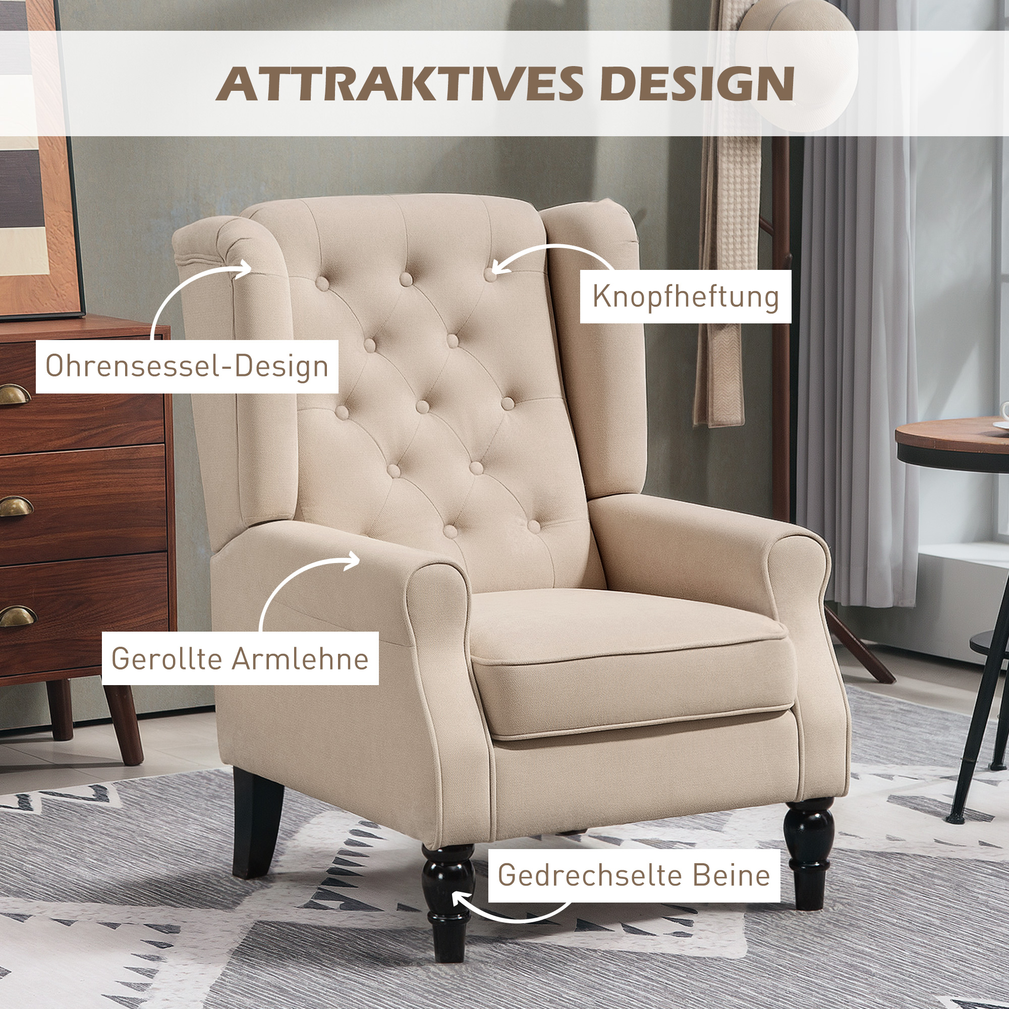Eleganter Ohrensessel, dick gepolstert, abnehmbarer Bezug, 74 x 87 x 102 cm, Beige