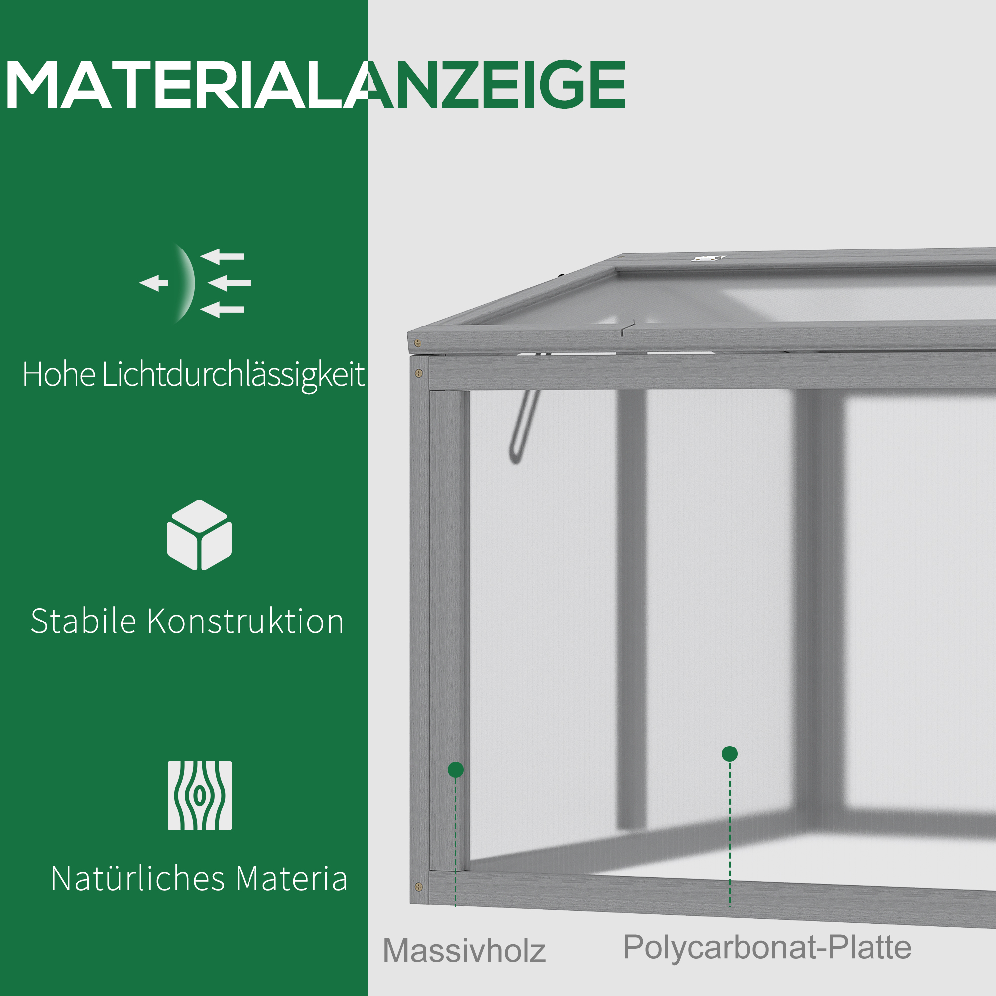 Frühbeet Treibhaus Gewächshaus Frühbeetkasten Pflanzenbeet mit Abdeckung aus Holz und Polycarbonat wetterfest Hellgrau 90 x 80 x 58 cm