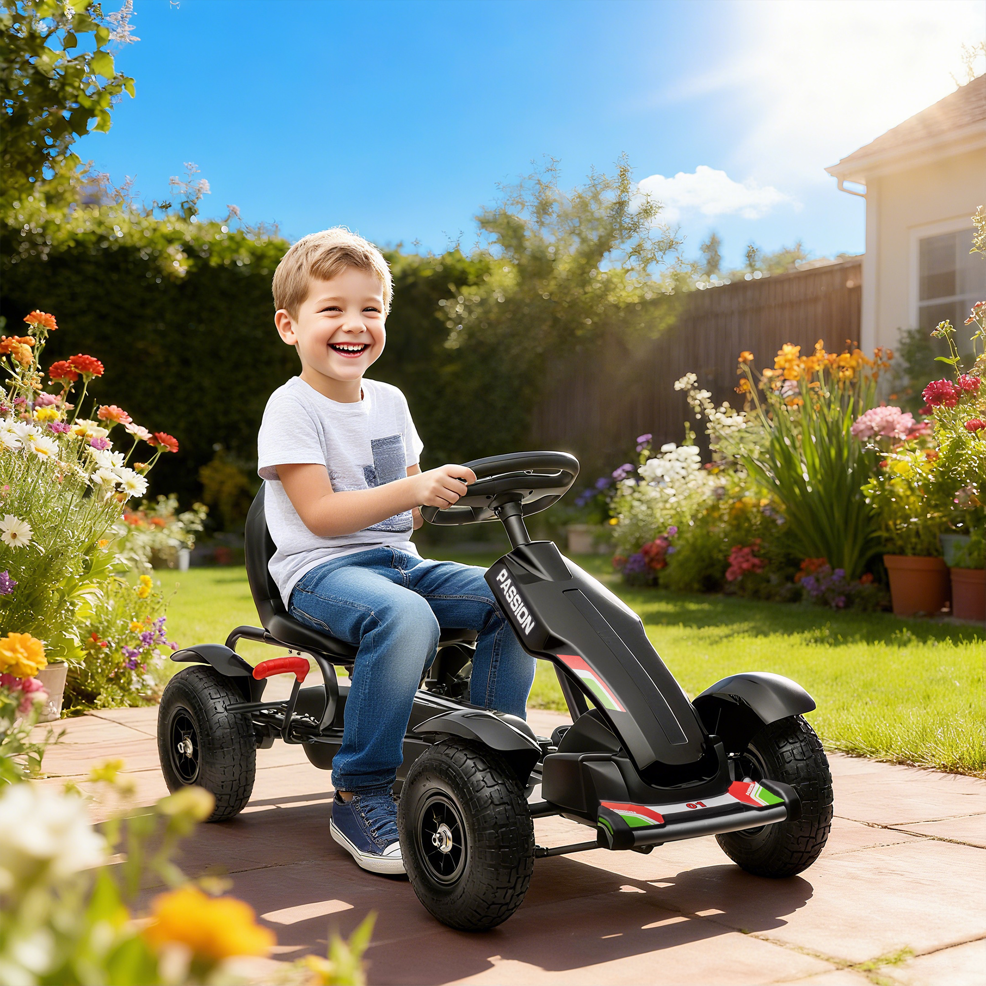 Kinder-Gokart, verstellbarer Sitz, Handbremse, ab 5 Jahren, 121 x 58 x 61 cm, Schwarz