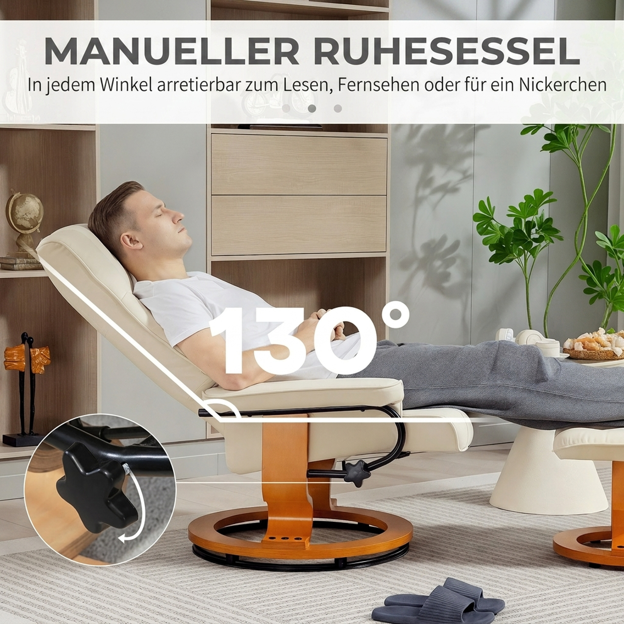 Relaxsessel mit Hocker, drehbar & neigbar, Kunstlederbezug, bis 150 kg, Holzgestell, Cremeweiß