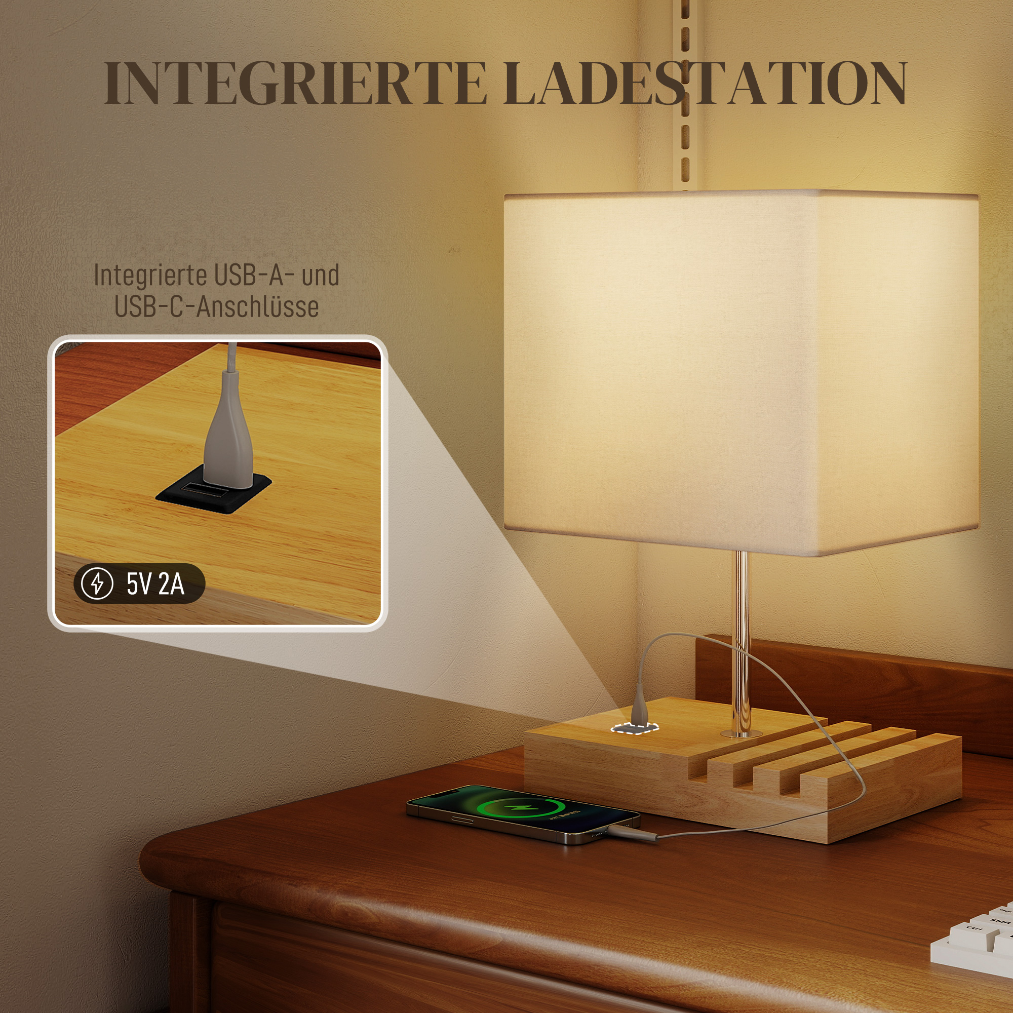 Nachttischlampe, USB-Anschlüsse, Holz, Stoff, Wippschalter, Ablagefächer, Weiß
