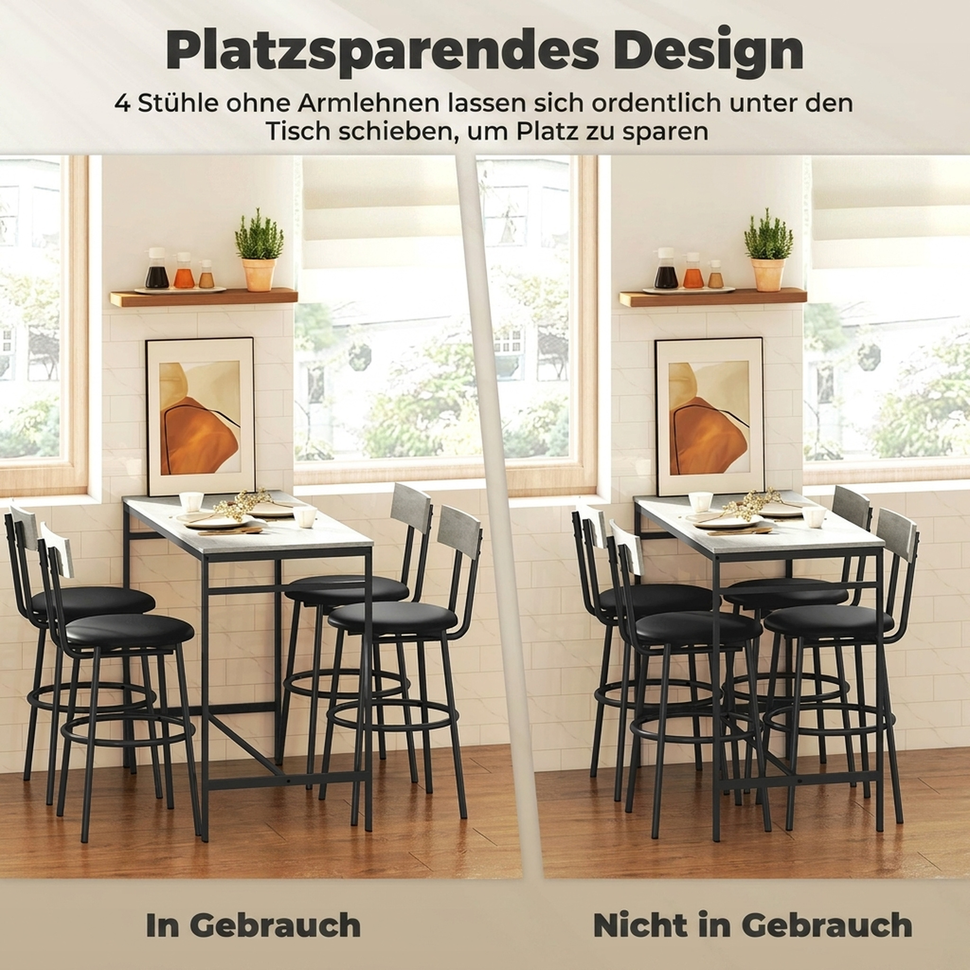 5-teiliges Bartisch-Set mit 4 Stühlen, Industrielles Design, für Küche, Esszimmer, Stahl, Hellgrau