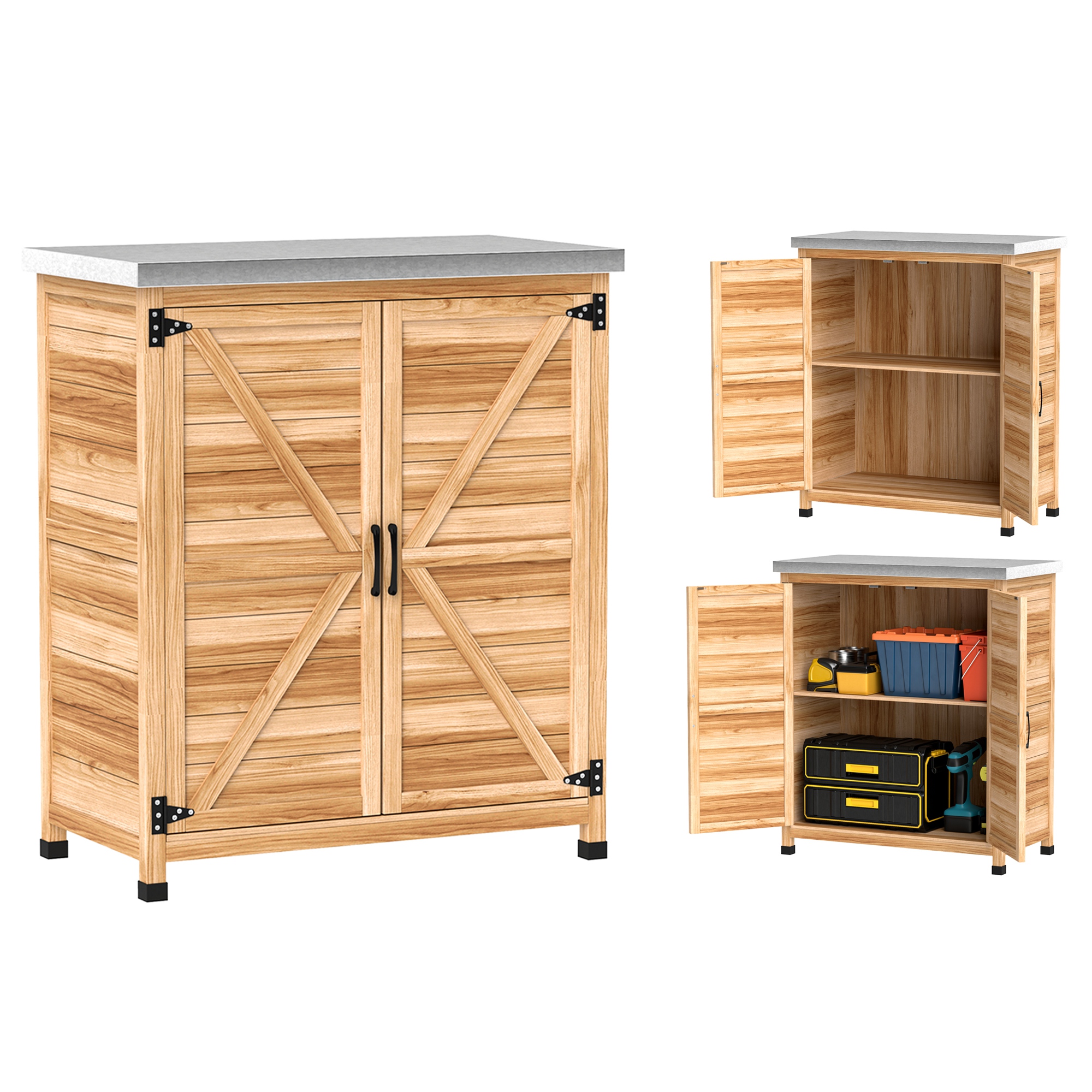 Gartenschrank mit internem Regal und Arbeitsbank, aus Fichtenholz und verzinktem Stahl, 79x43x92 cm, Holzfarbe