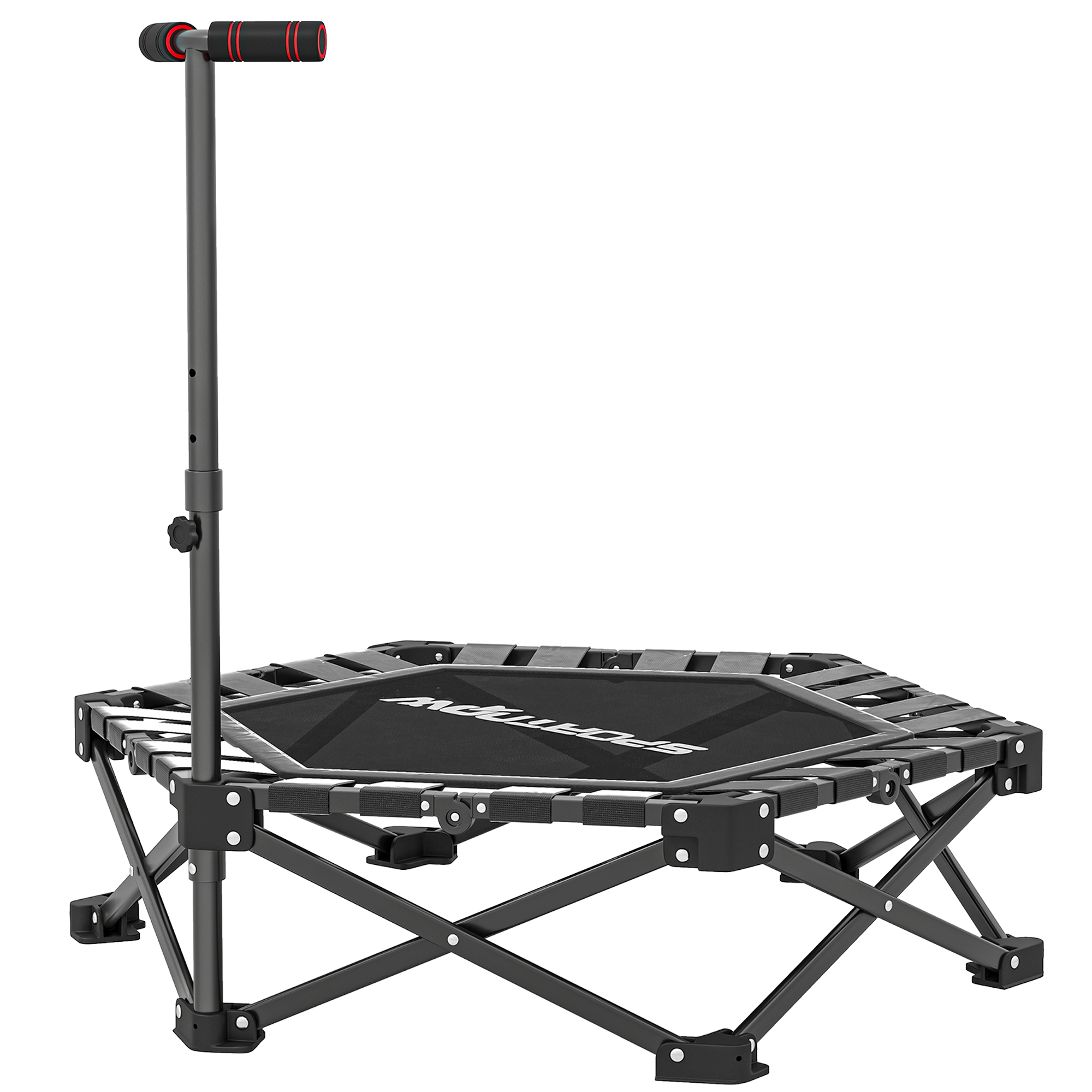 Fitness-Trampolin mit verstellbarem T-Griff, faltbar, Tragetasche, 120 kg Belastbarkeit, Stahl, Kunststoff, Schwarz