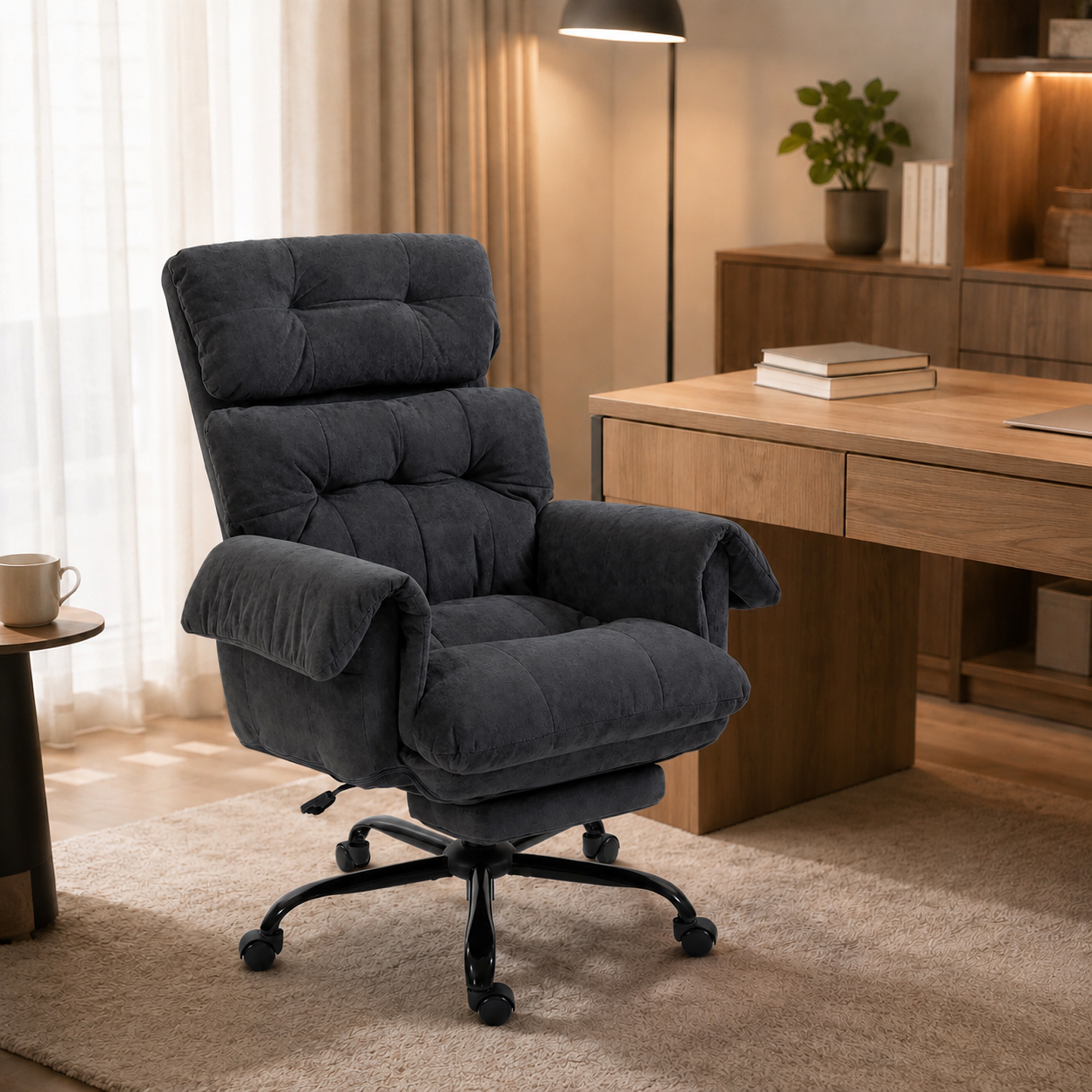 Bürostuhl mit verstellbarer Rückenlehne, rollbarer Polsterstuhl, Polstersessel, höhenverstellbar, Stahl, Dunkelgrau