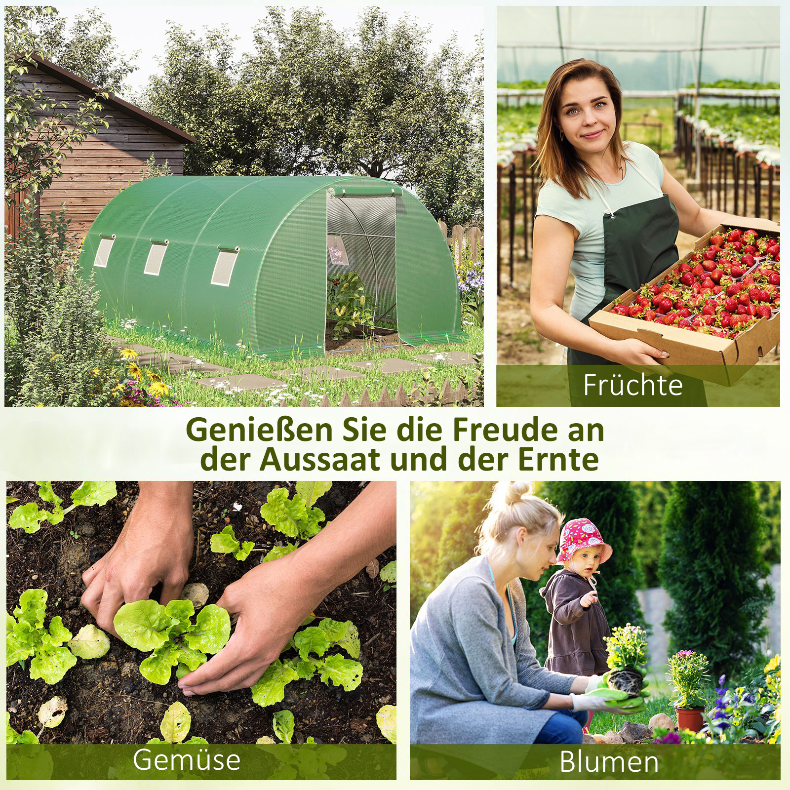 Foliengewächshaus begehbares Polytunnel 4,5 x 3 m Gewächshaus mit 6 Fenster Treibhaus Frostschutz Stahlrohr Dunkelgrün
