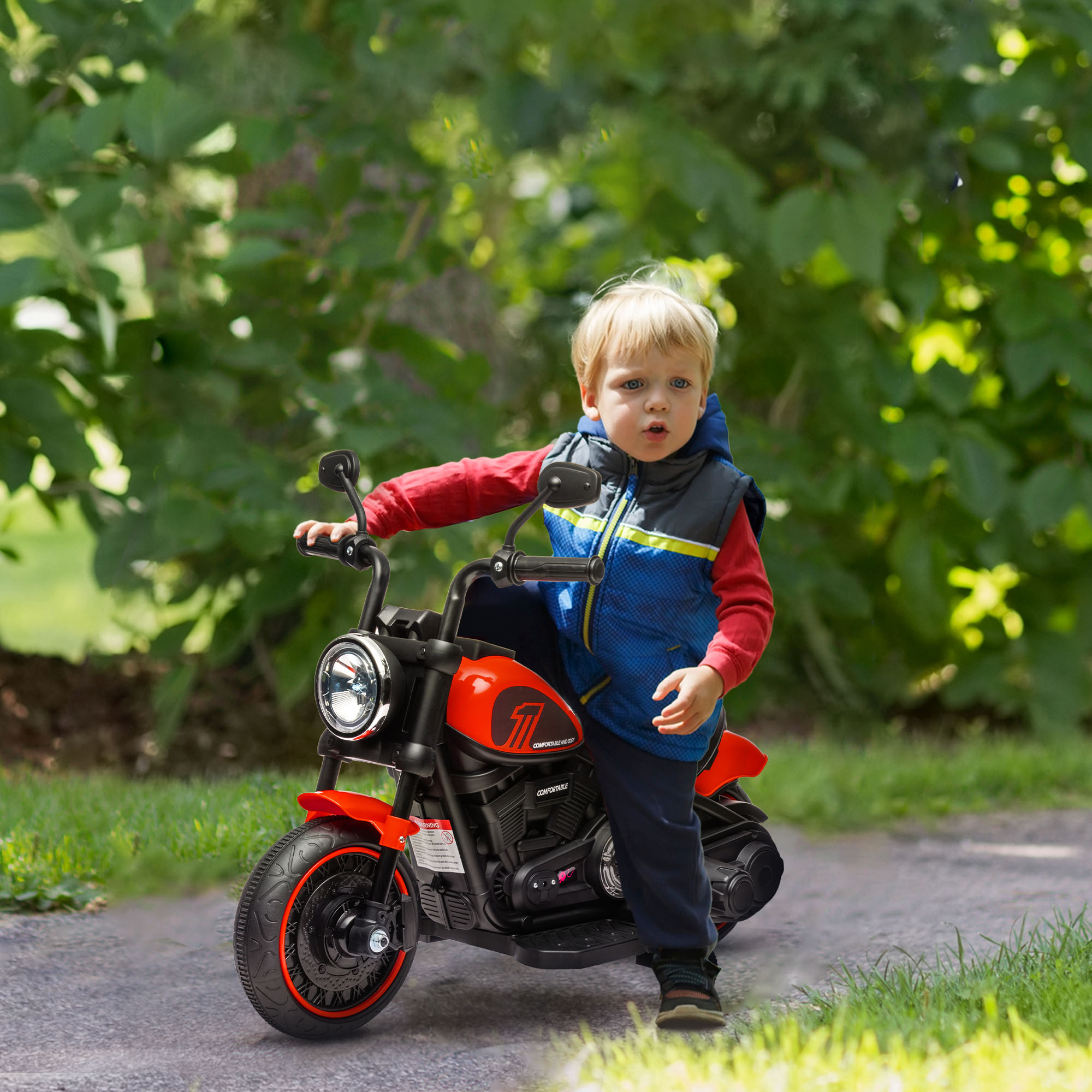 Elektro-Kindermotorrad mit Scheinwerfer, abnehmbare Stützräder, 76x42x57 cm, Rot/Schwarz