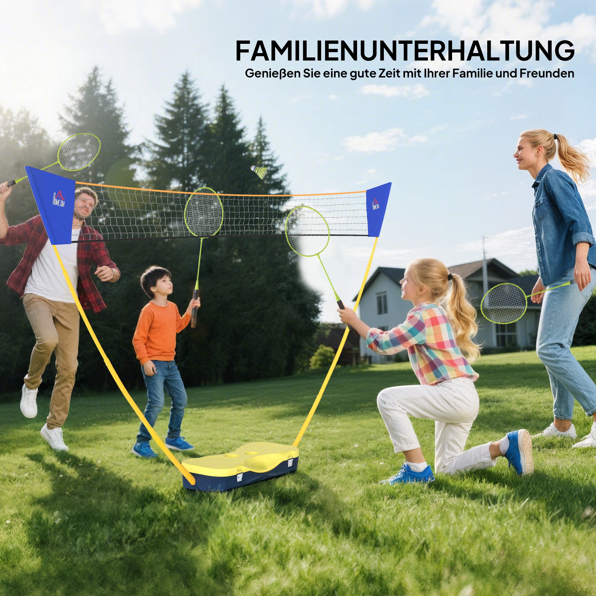 Badminton Netz mit Stand, Badminton-Netzständer, tragbarer Netzständer, Badmintonnetz mit 4 Badminton-Schlägern, Outdoor-Sport, Gelb+Blau, 286 x 33 x 157 cm