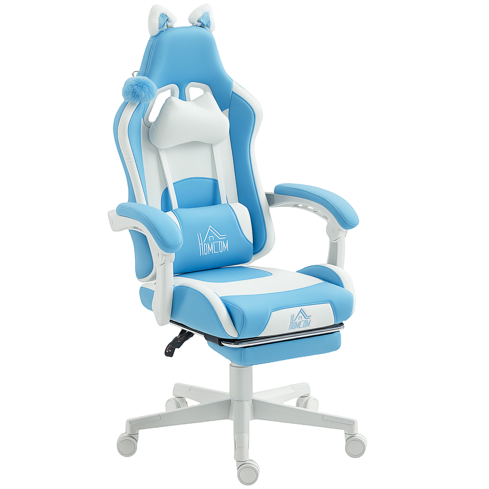 Gaming-Sessel mit Katzenohren, neigbare Lehne, ausziehbare Fußstütze, bis 120 kg belastbar, Seeblau