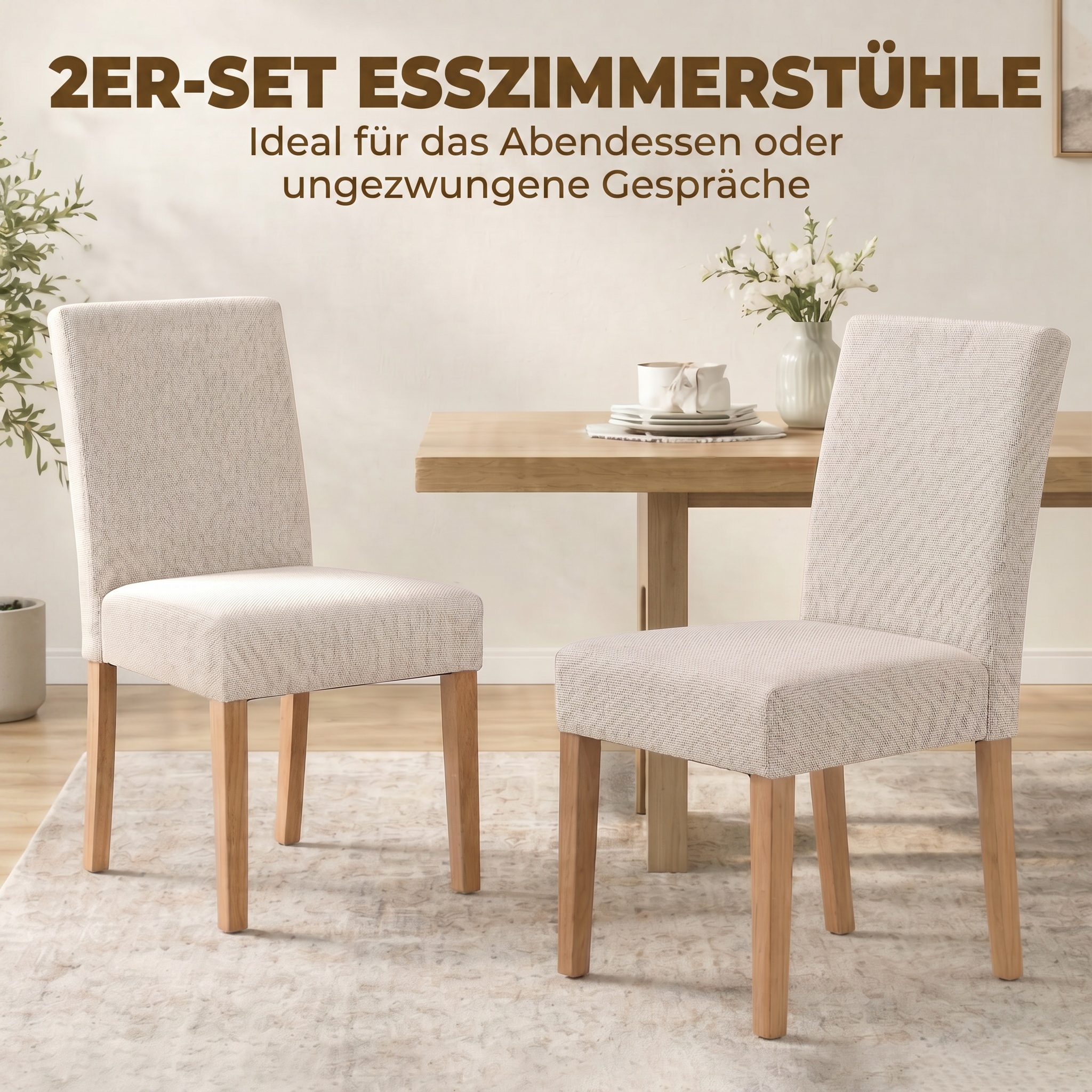 Esszimmerstühle im 2er-Set, moderne Leinen-Polsterstühle mit gepolstertem Sitz und Rückenlehne, Beine aus Kautschukholz