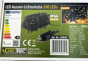 LED Aussen-Lichterkette "CT-ALK200" 20m / warmweiß, Kabel schwarz, IP44, 200 LEDs