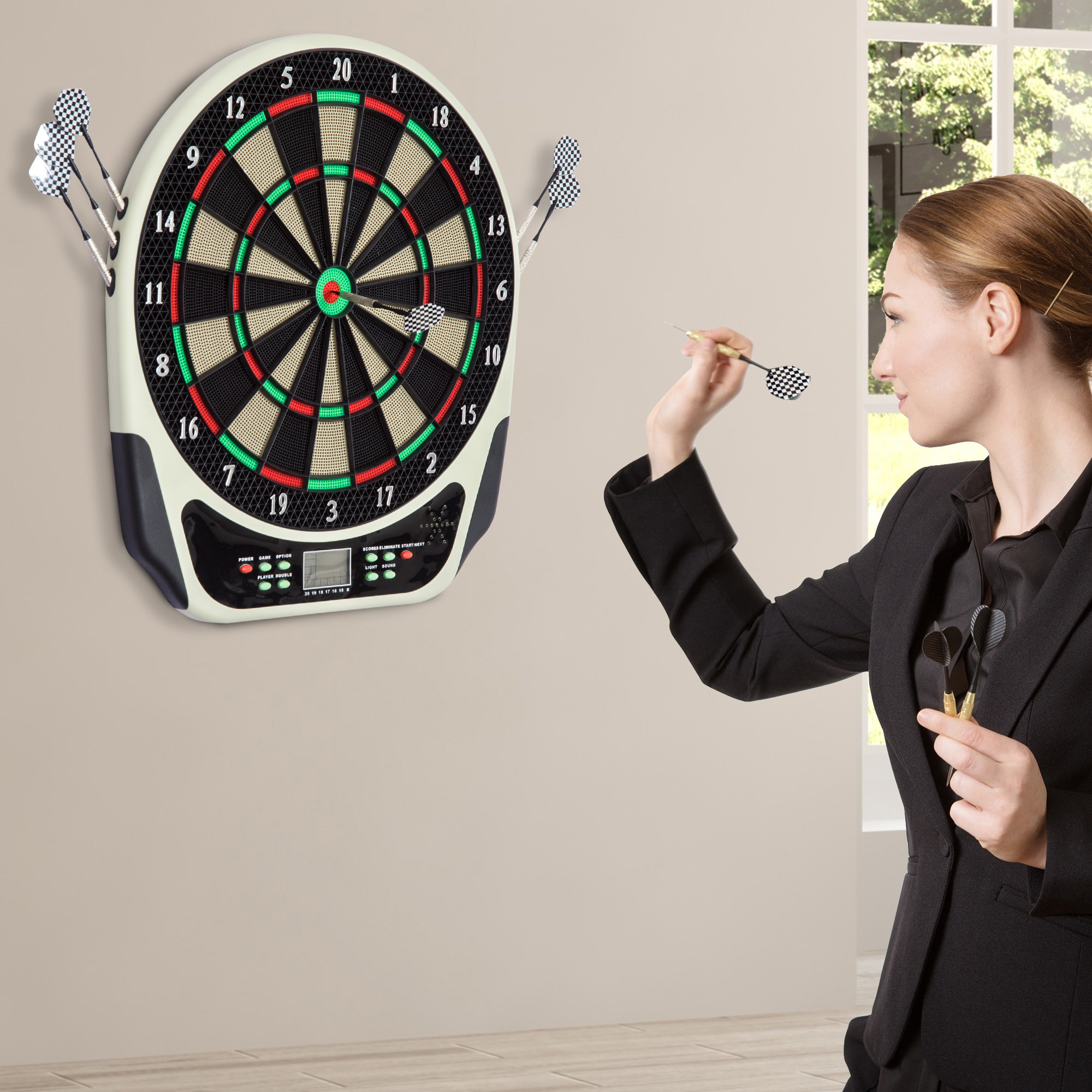 elektronische Dartscheibe, Dartboard mit Sprachansagen LED-Anzeigen 6 Darts 24 Dartköpfe 18 Spiele 159 Varianten Dartautomat Dartscheibe Set für bis zu 8 Spieler