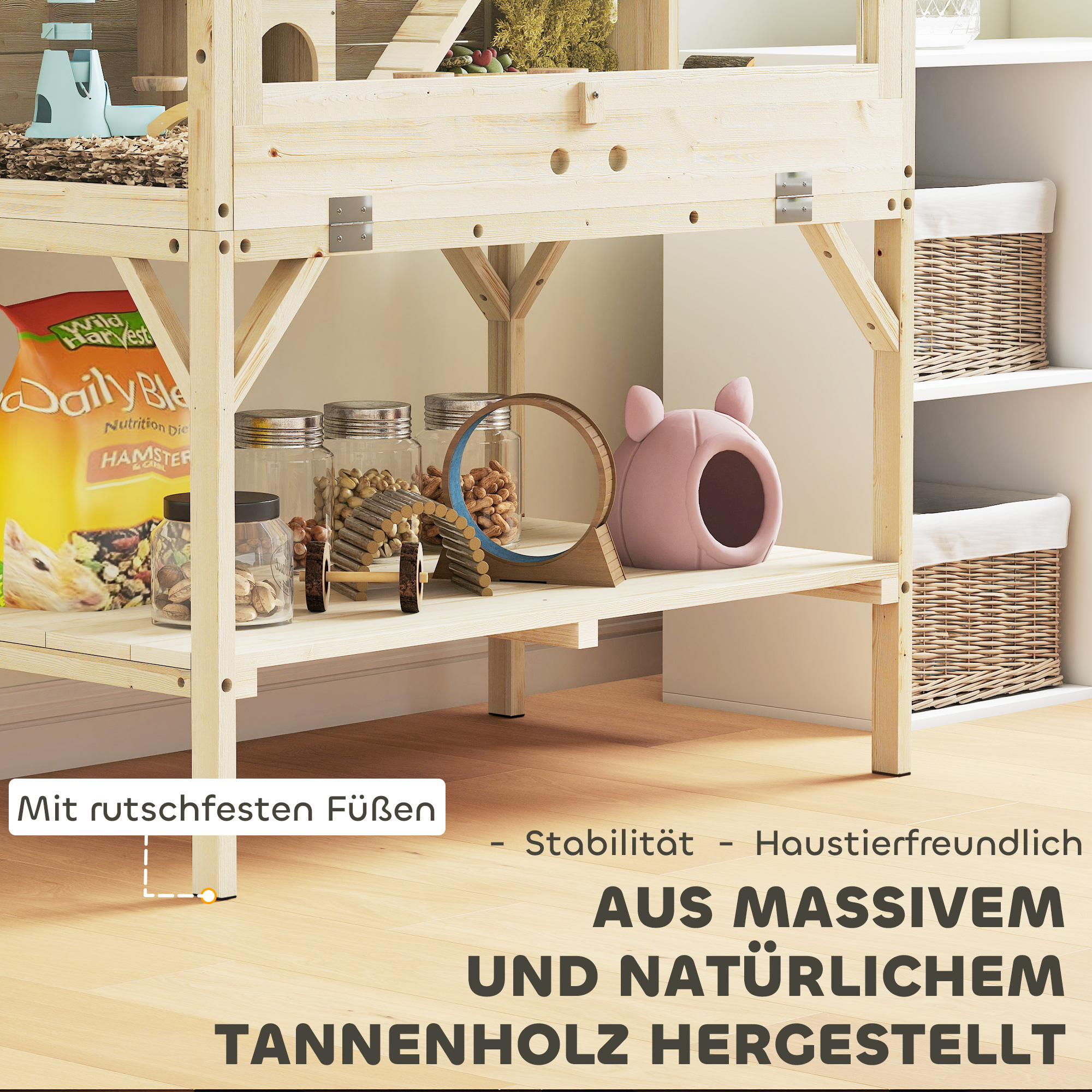 Hamsterkäfig, 2 Ebenen, Kleintierkäfig mit Aufbewahrungsfach, Zubehör, 84 x 53 x 110 cm, Naturholz