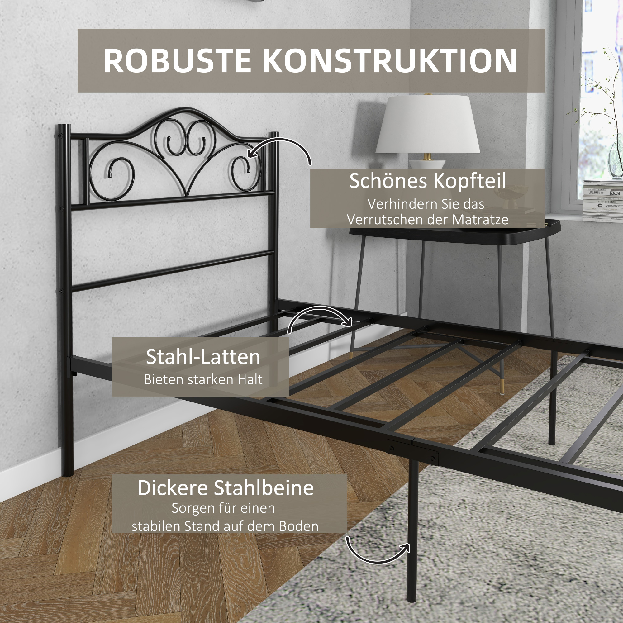 Bett 90 x 200 cm Stahl mit Lattenrost, Kopf- und Fußteil, 31 cm hoch Schwarz