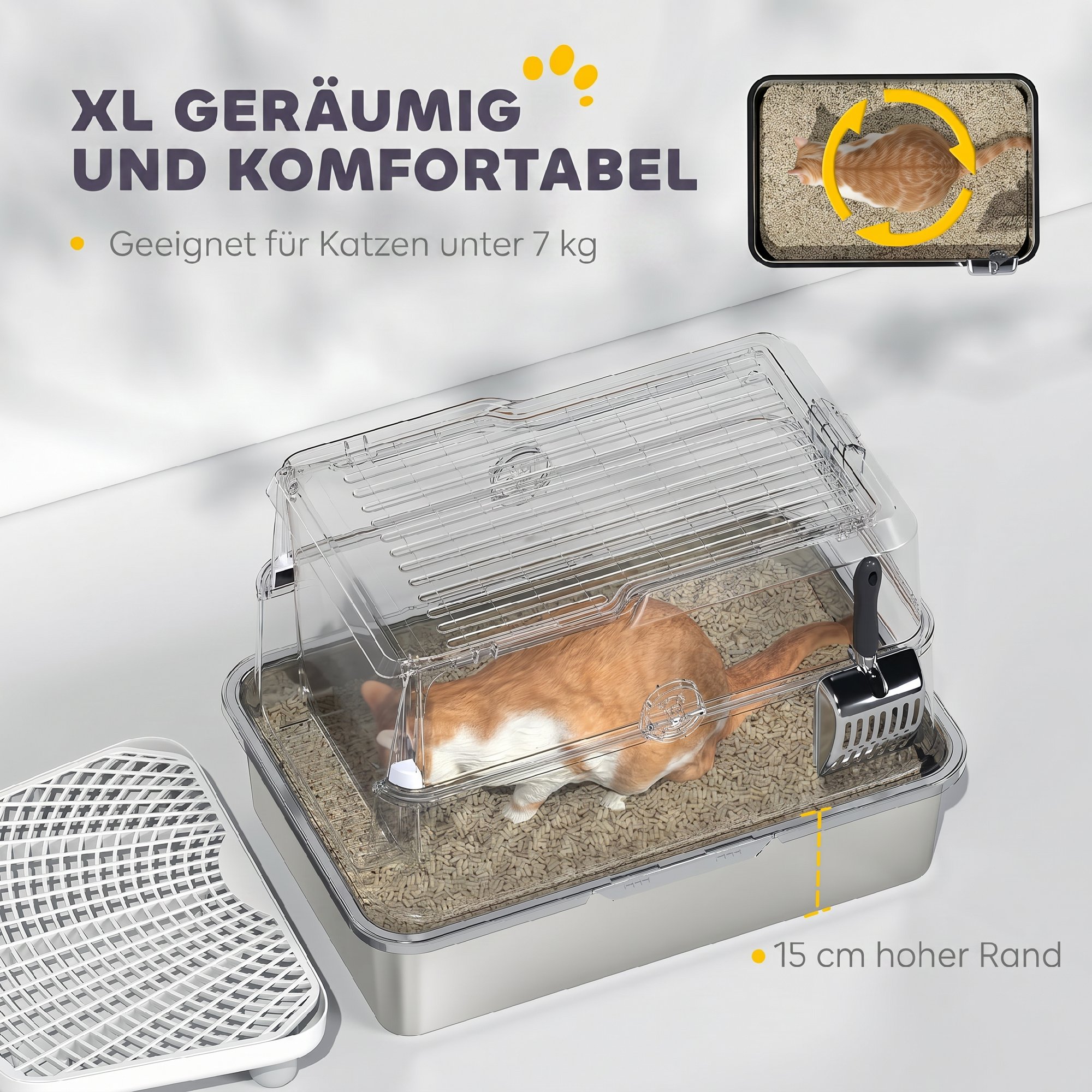 Katzentoilette, Edelstahl, XL-Innenraum, mit Schaufel, Hellgrau