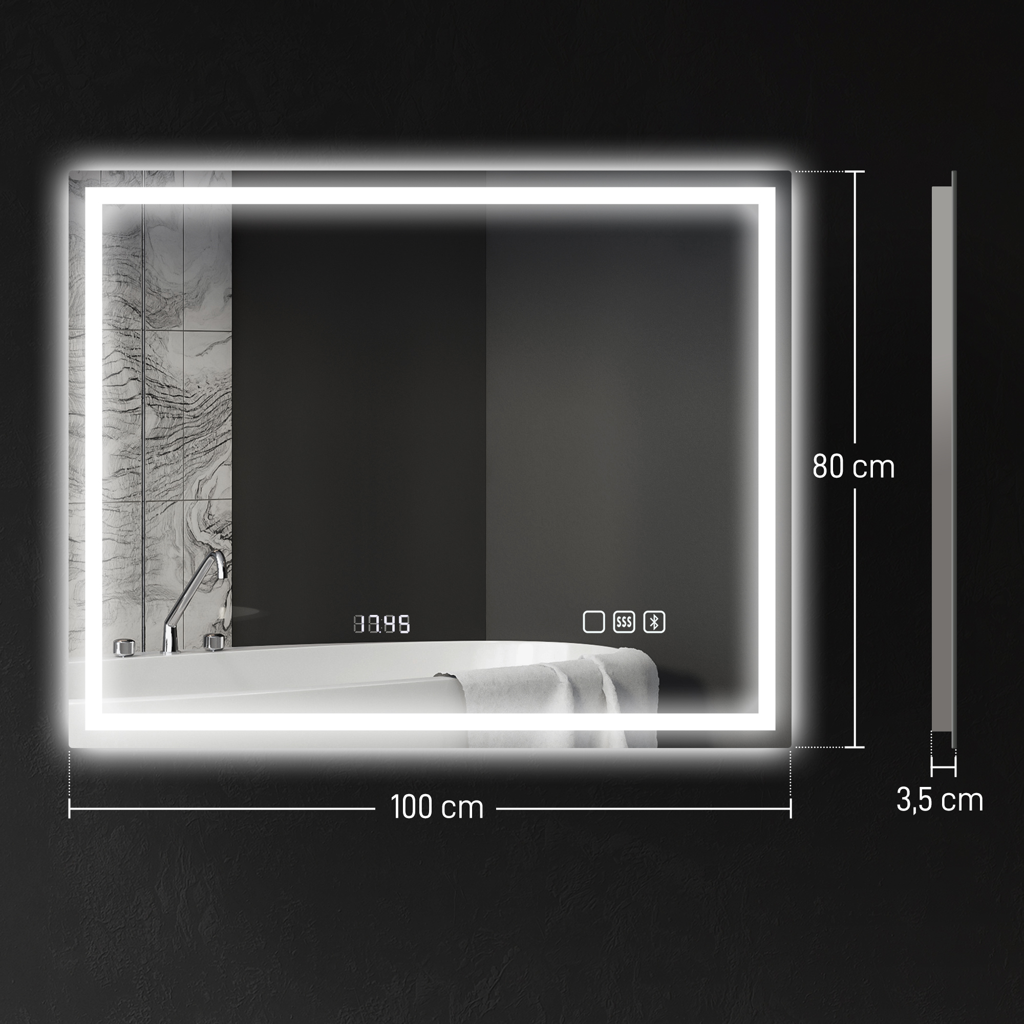 Badezimmerspiegel LED bluetooth 80 x 100 cm Touch-Schalter einstellbare Beleuchtung 3 Farben Anti-Fog Memory Silber