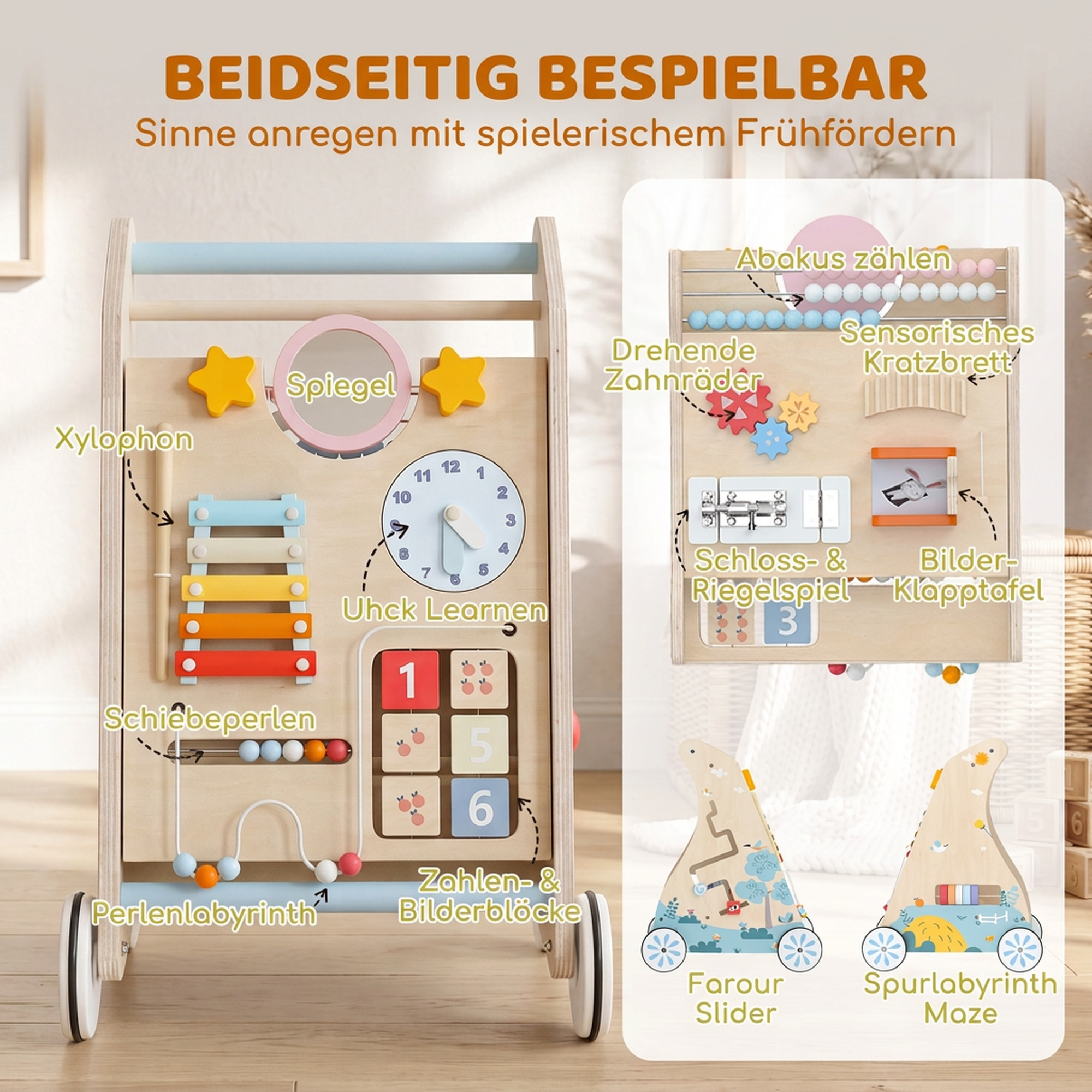 3-in-1 Baby Lauflernwagen Lauflernhilfe mit abnehmbar doppelseitig Aktivitätstafel Tasche Rädern für 1-3 Jahre