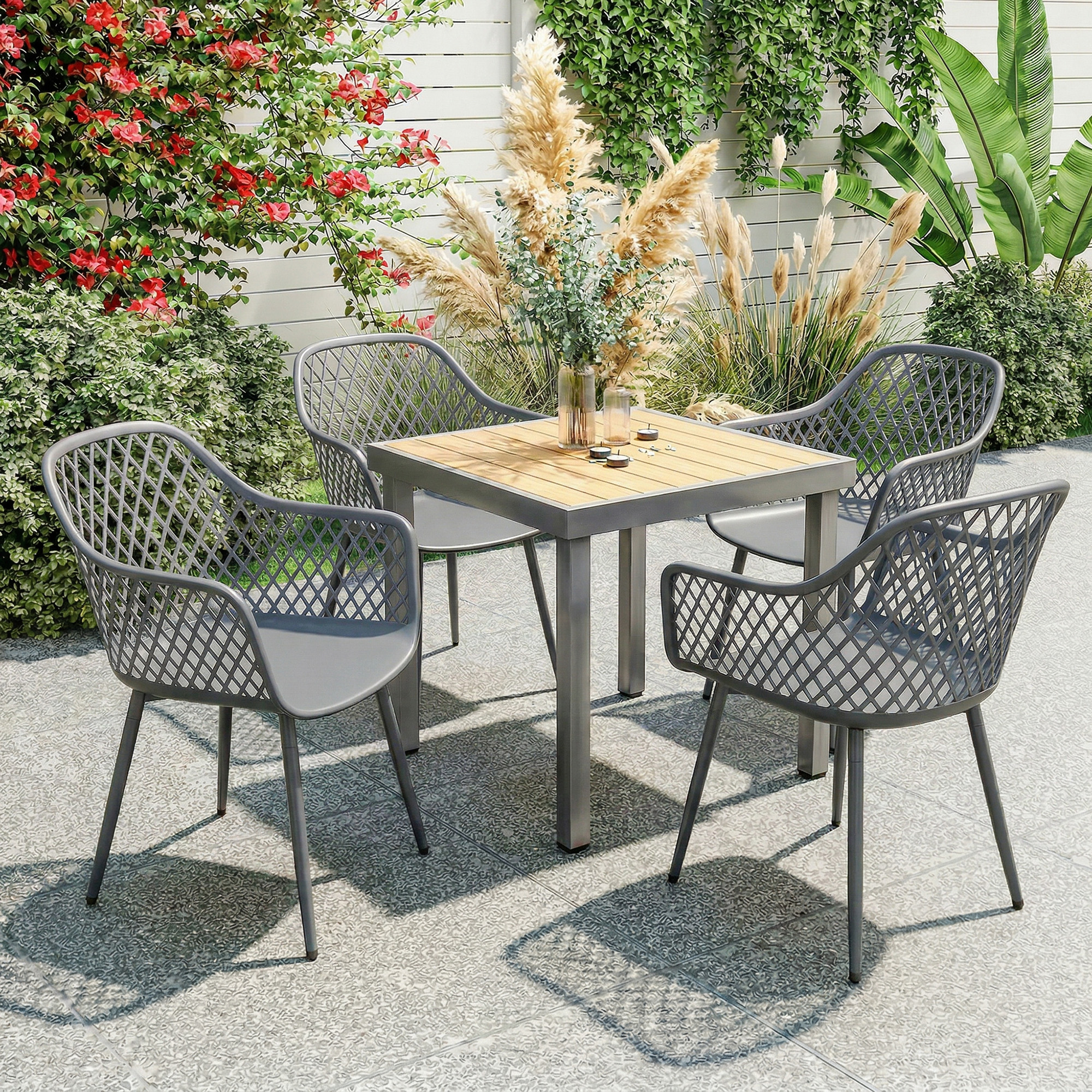 Gartenstuhl 4er Set UV-beständige Gartenstühle aus Kunststoff mit Armlehne Rückenlehne 56 x 51 x 84 cm Dunkelgrau