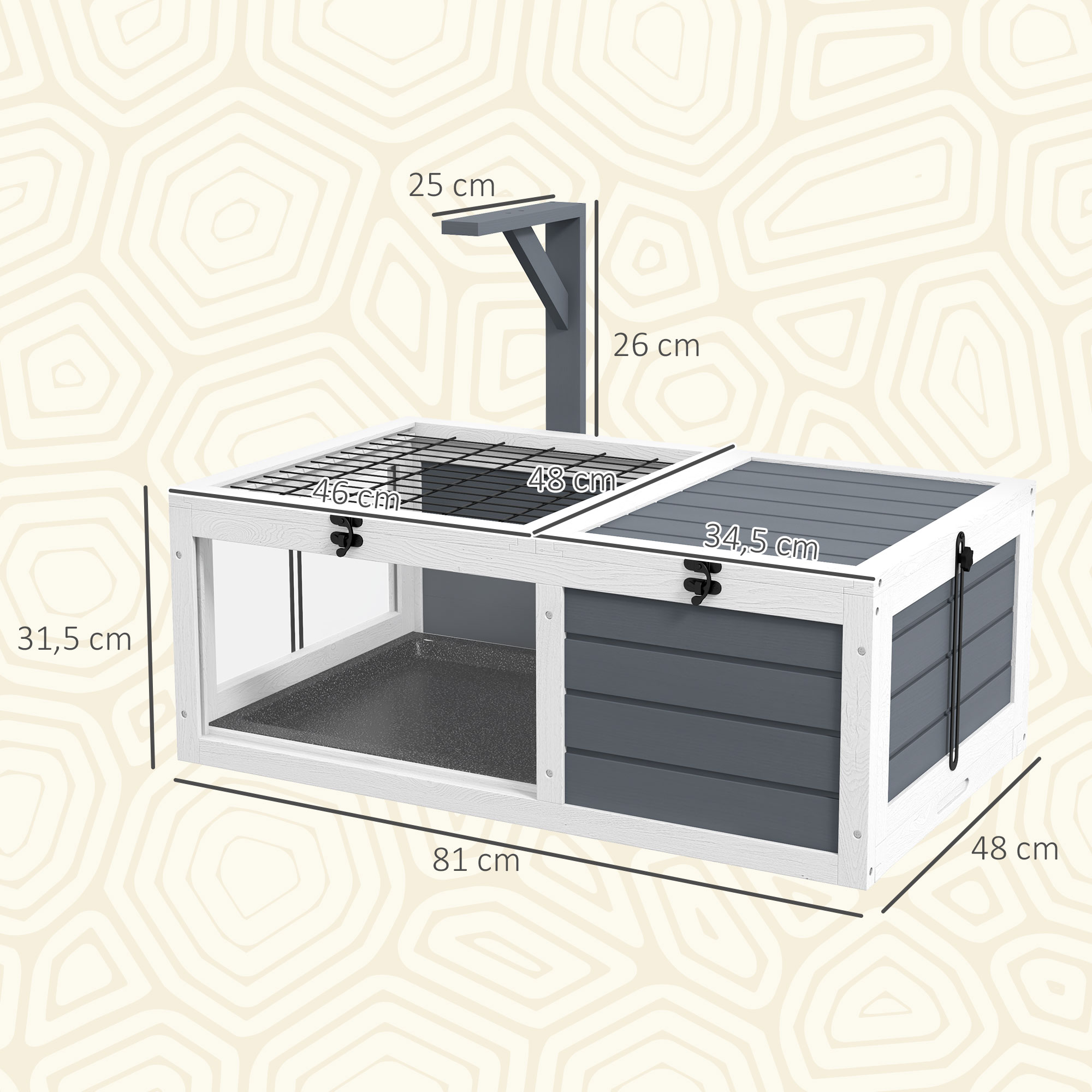 Schildkrötenhaus, Reptilienbox mit 2 Räumen, Deckel, Kunststoffschalen, Fenster, Holz, Grau
