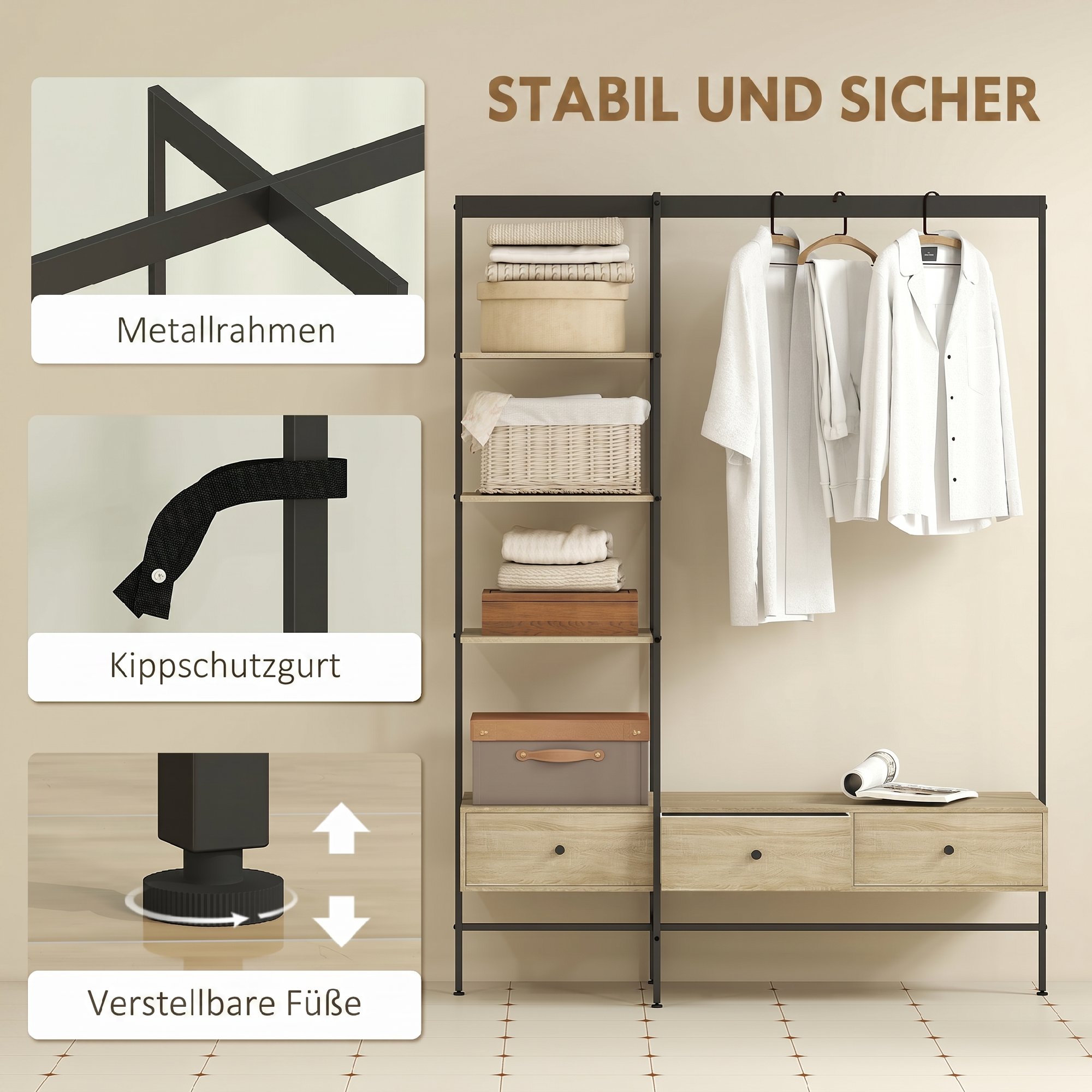 Garderobenständer mit Regalen, Schubladen und Kleiderstange, 180 cm freistehender Kleiderständer im modernen Stil, Metallrahmen, Eiche