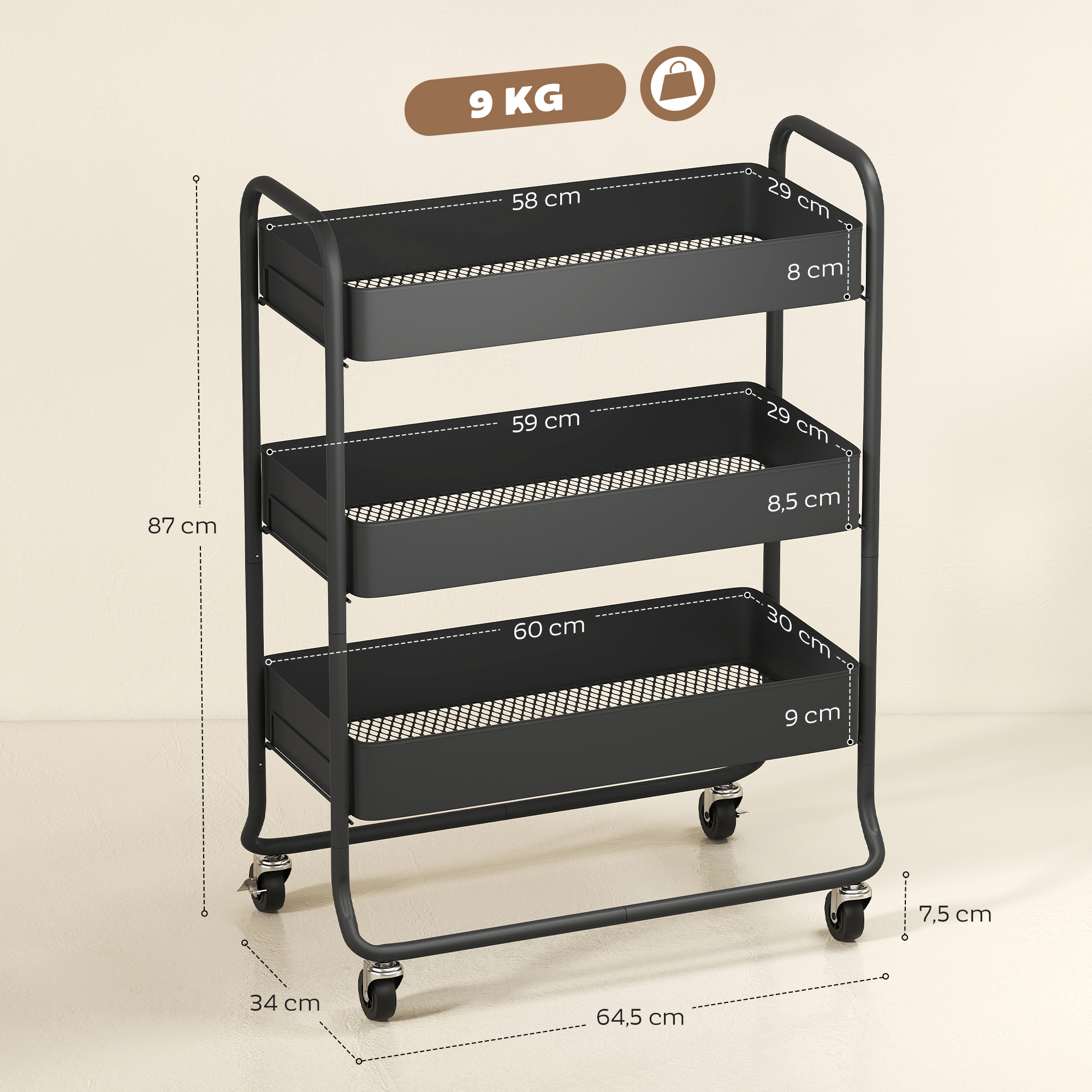 Küchenwagen, 3 Körbe, 4 Rollen, Metall, Schwarz