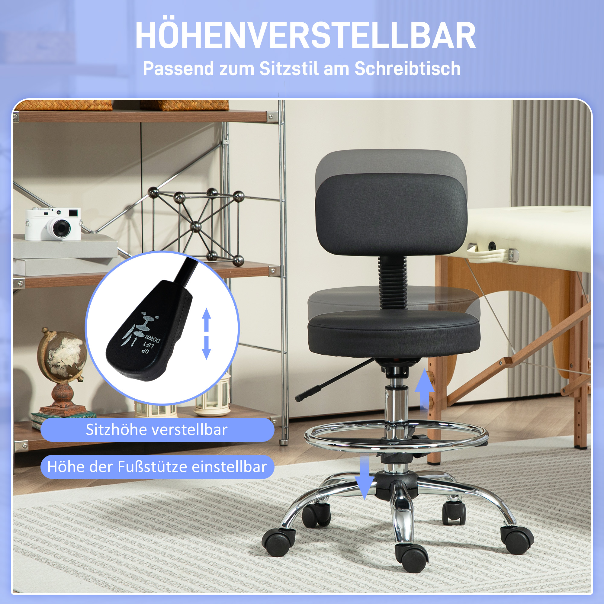 Bürostuhl, Kompakter Drehstuhl, höhenverstellbar, mit Fußstütze, 360° drehbar, Kunstleder, Metall, Schwarz