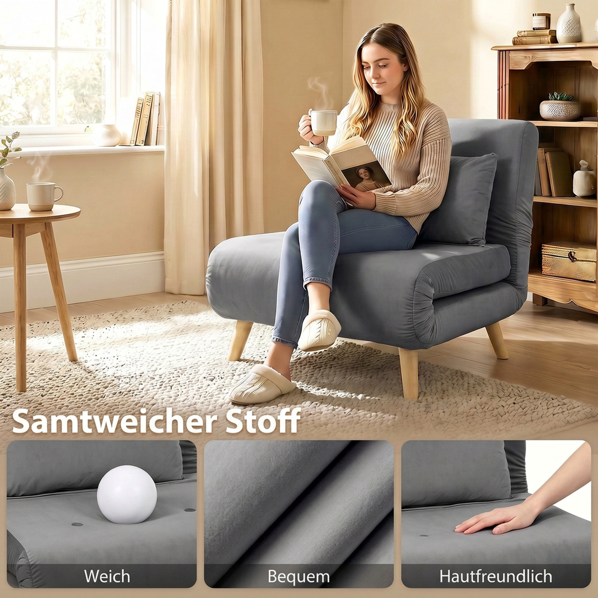 3-in-1 Schlafsessel, Klappsessel mit Schlaffunktion, verstellbare Click-Clack-Rückenlehne, Grau