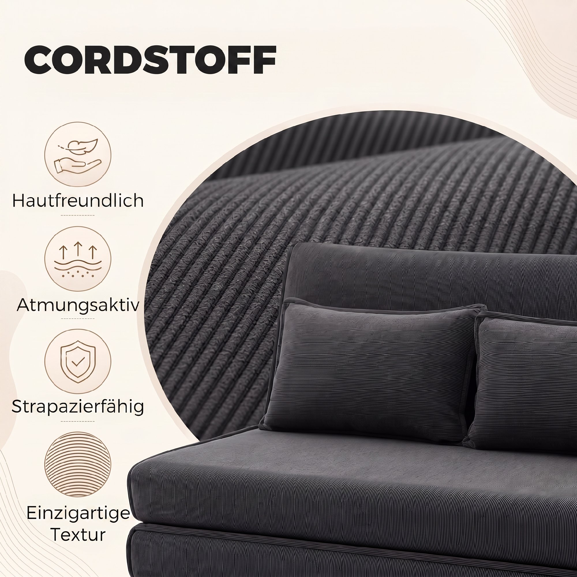 Bodenstuhl mit Rückenlehne, Cord-Klappsofa als Gästebett, Verstellbare Rückenlehne, Breiter Sitz, Dunkelgrau