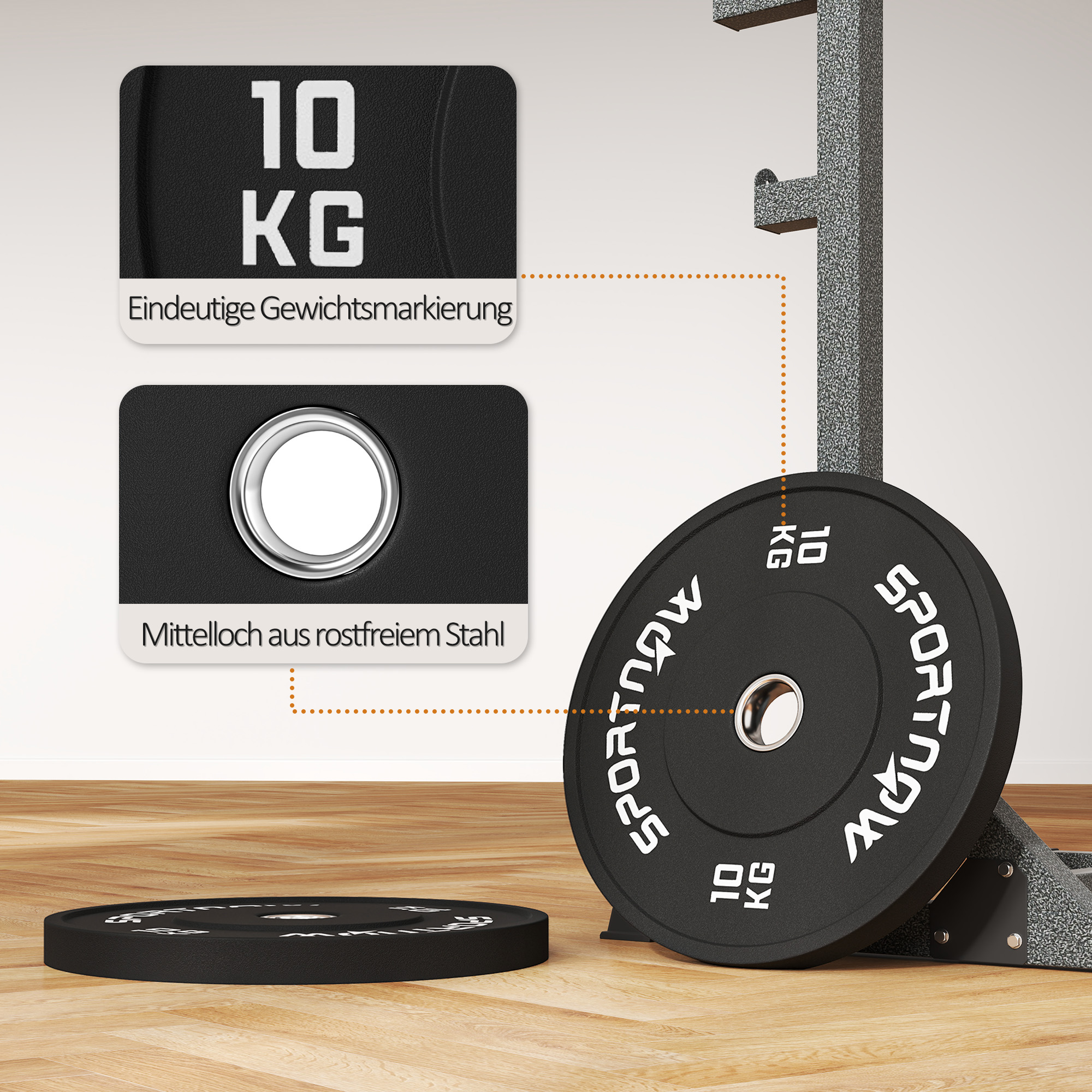Hantelscheiben-Set, 2 x 10 kg, olympischer Standard, Gummi, geräuscharm, Schwarz