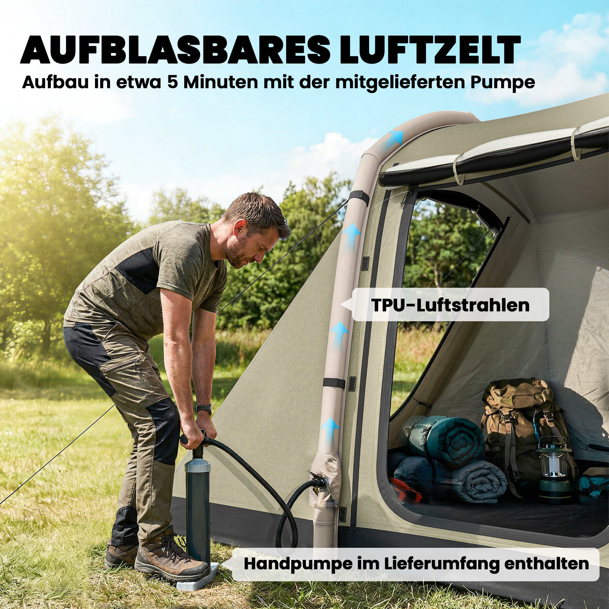 Aufblasbares Zelt 2-4 Personen Schneller Aufbau Outdoor Zelt für Camping mit Luftpumpe Mesh Fenster Heringen Vordach