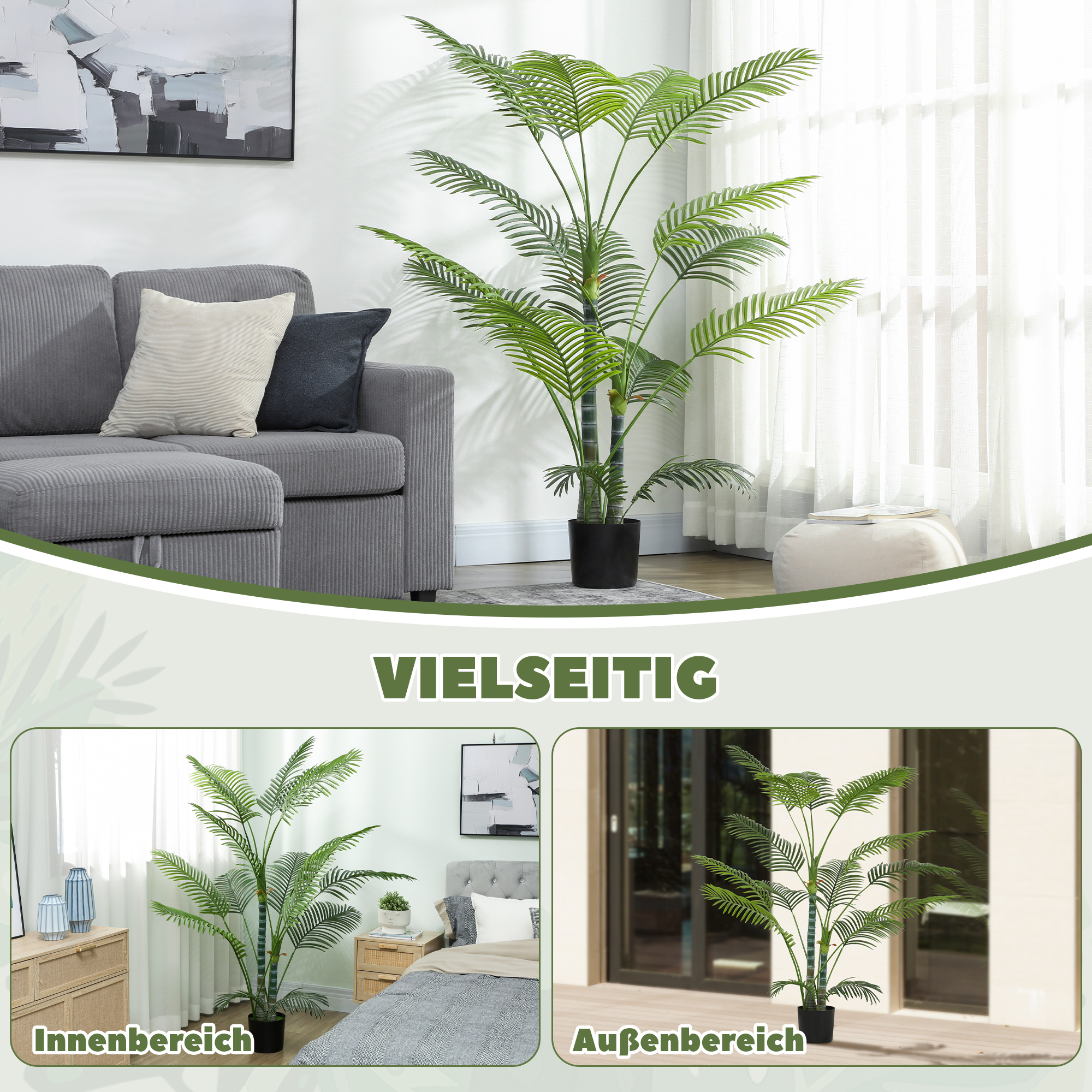 Künstliche Palme mit 16 Kunststoff-Blättern, UV-beständige Kunstpflanze mit Plastiktopf, für drinnen und draußen, Grün
