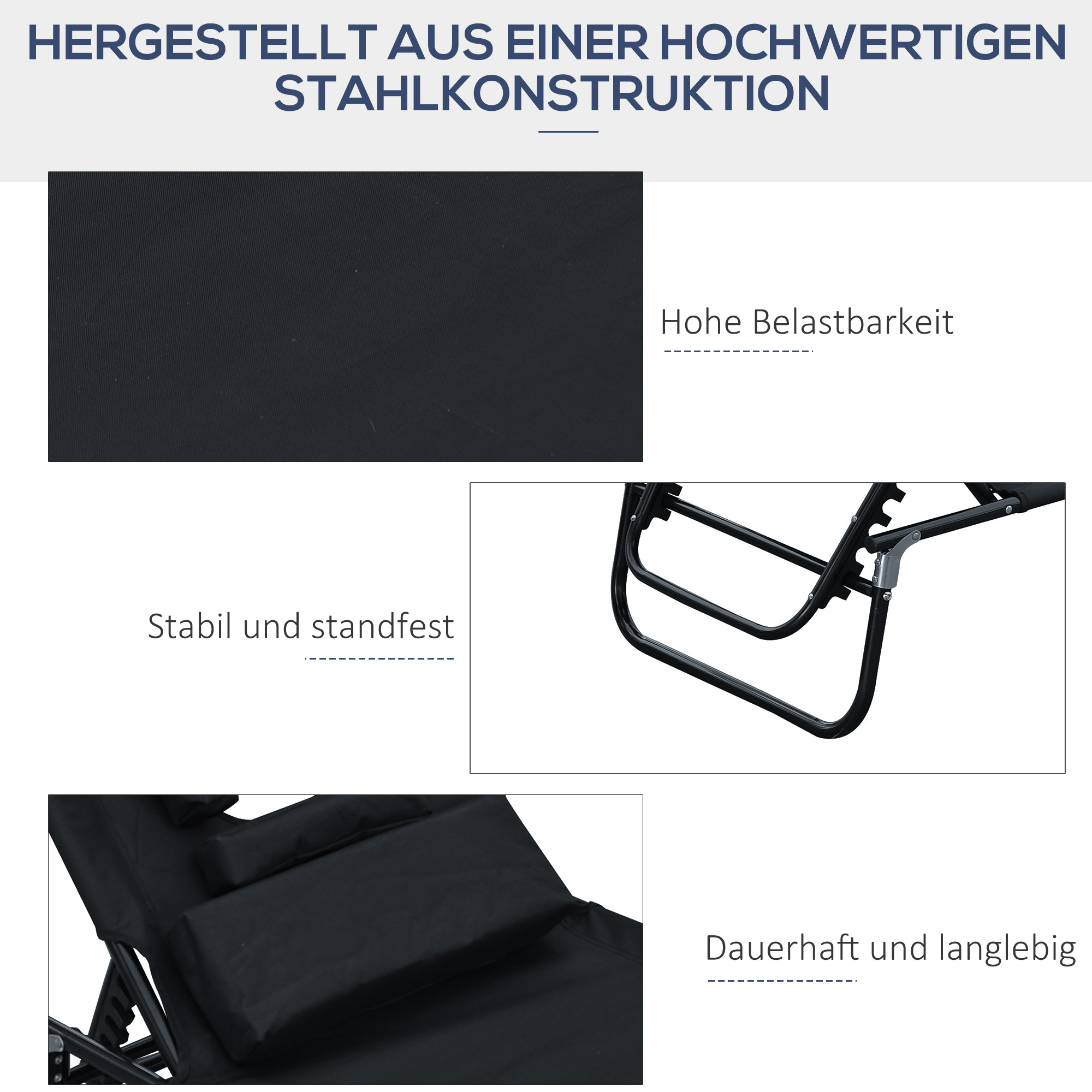 Sonnenliege klappbar Gartenliege mit Kopfkissen Liegestuhl mit 4-Fach verstellbare Rückenlehne Campingliege mit Lesefenster Gartenstuhl bis 120kg belastbar für Garten, Balkon Schwarz