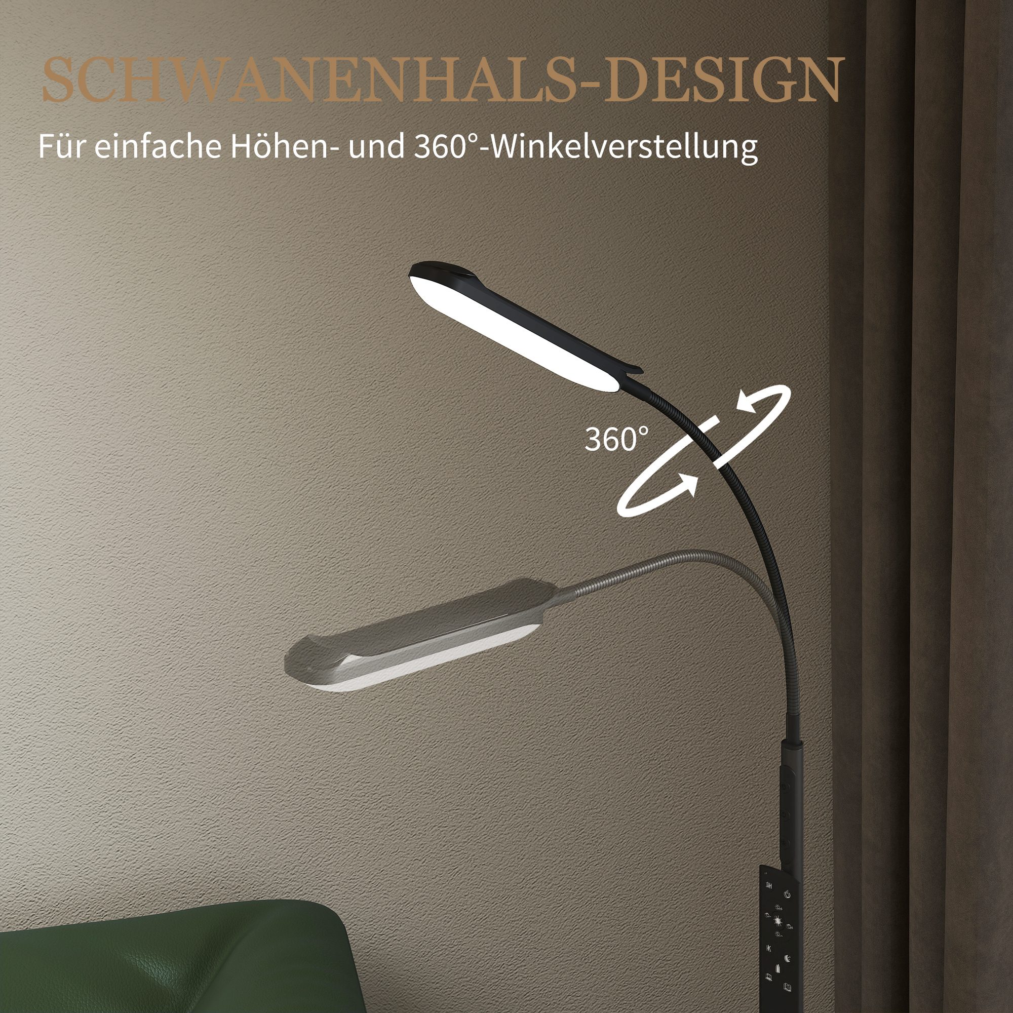 LED-Stehlampe, 5 Modi, Speicherfunktion, verstellbare Helligkeit, Stahl, Schwarz