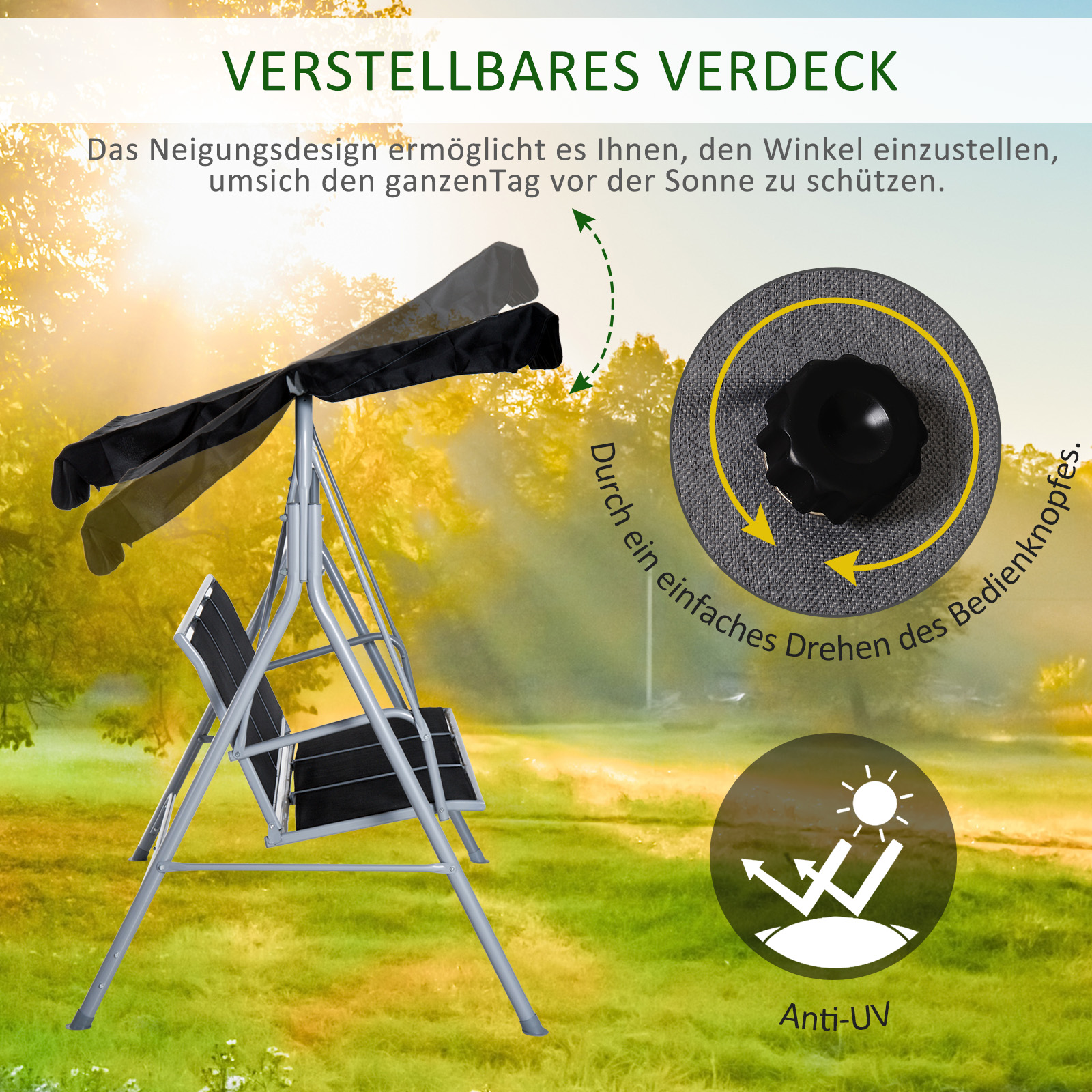 Hollywoodschaukel mit verstellbarem Sonnendach, 3-Sitzer Gartenschaukel mit Anti-Rutsch-Füßen, Schaukelbank belastbar bis 240 kg, Gartenliege für Garten, Terasse, 171x108x150cm, Schwarz