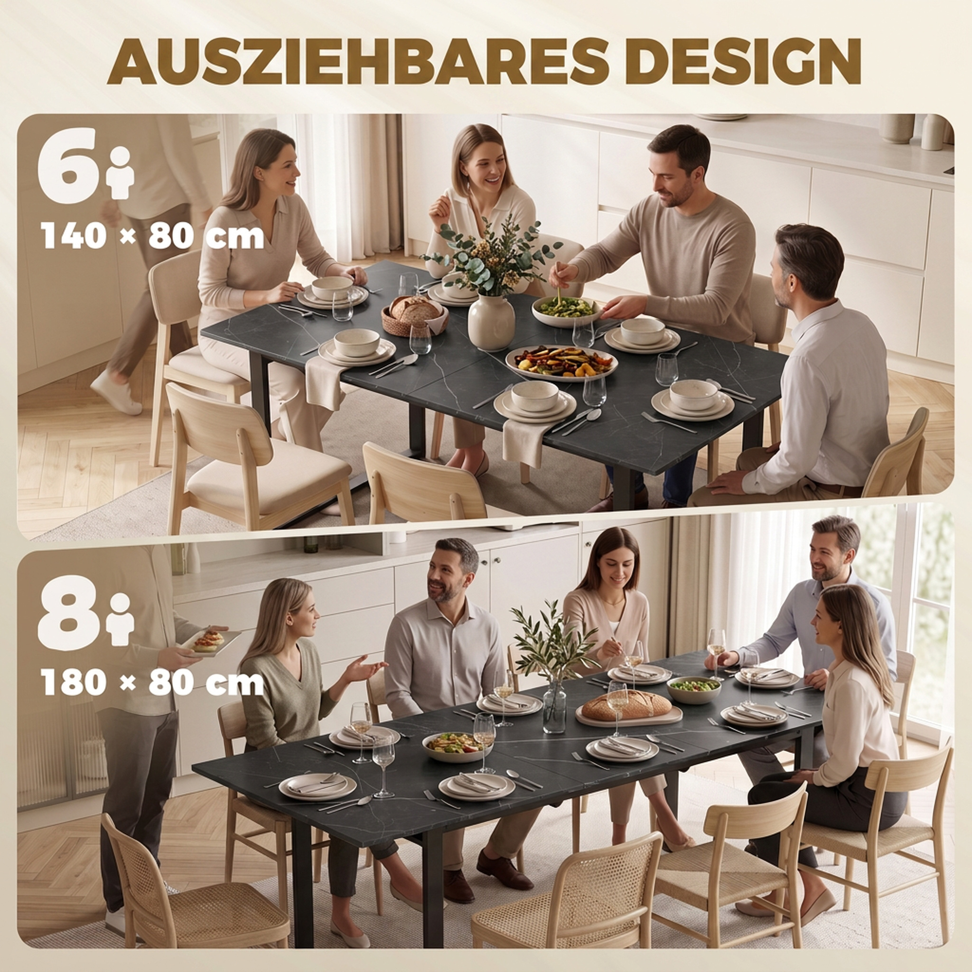 ausziehbarer Esstisch 140-180 cm für 6-8 Personen, rechteckig im Industrial-Design mit Stahlgestell, Schwarz