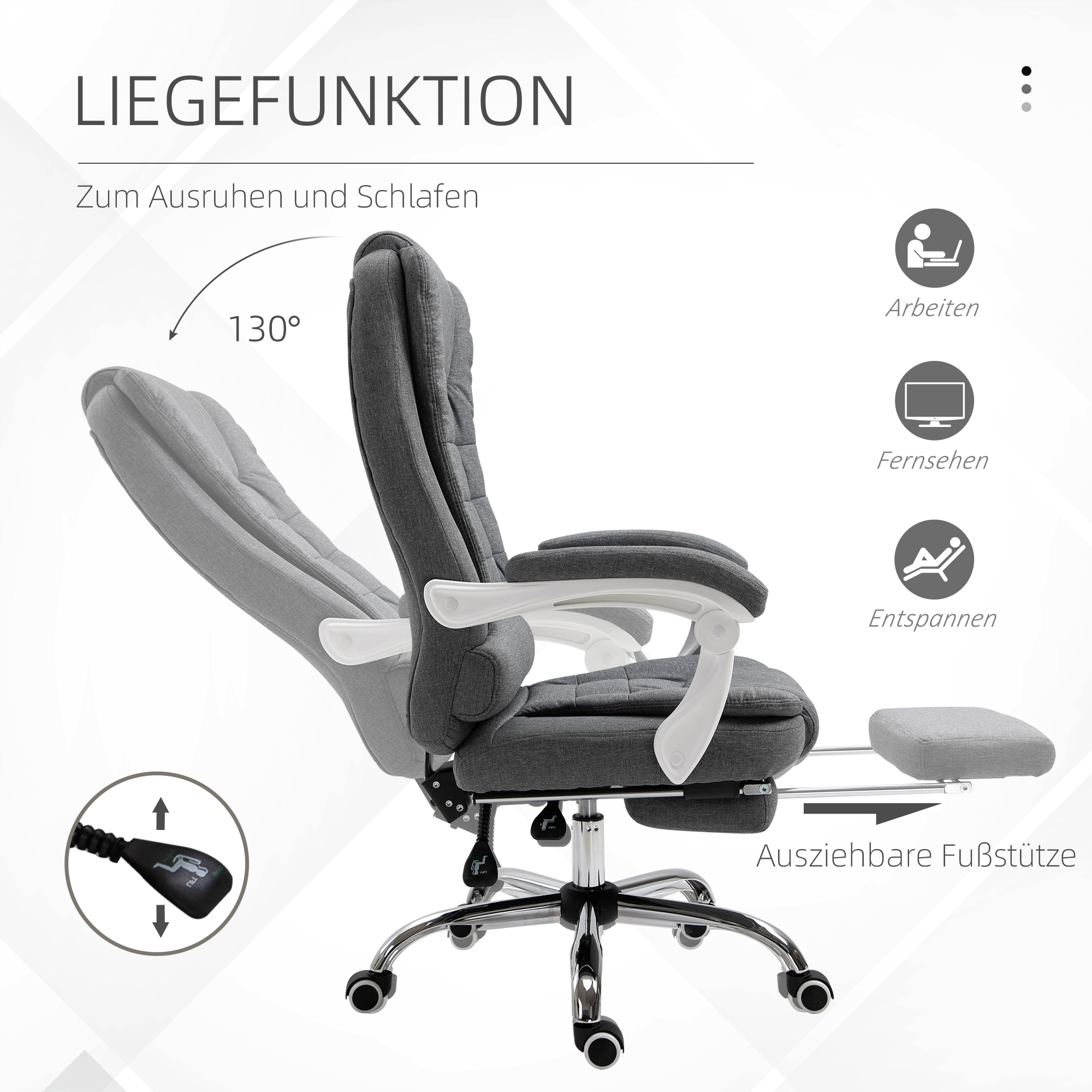 Bürostuhl mit ausklappbarer Fußstütze, Chefsessel, verstellbare Rückenlehne, Leinenoptik, Grau