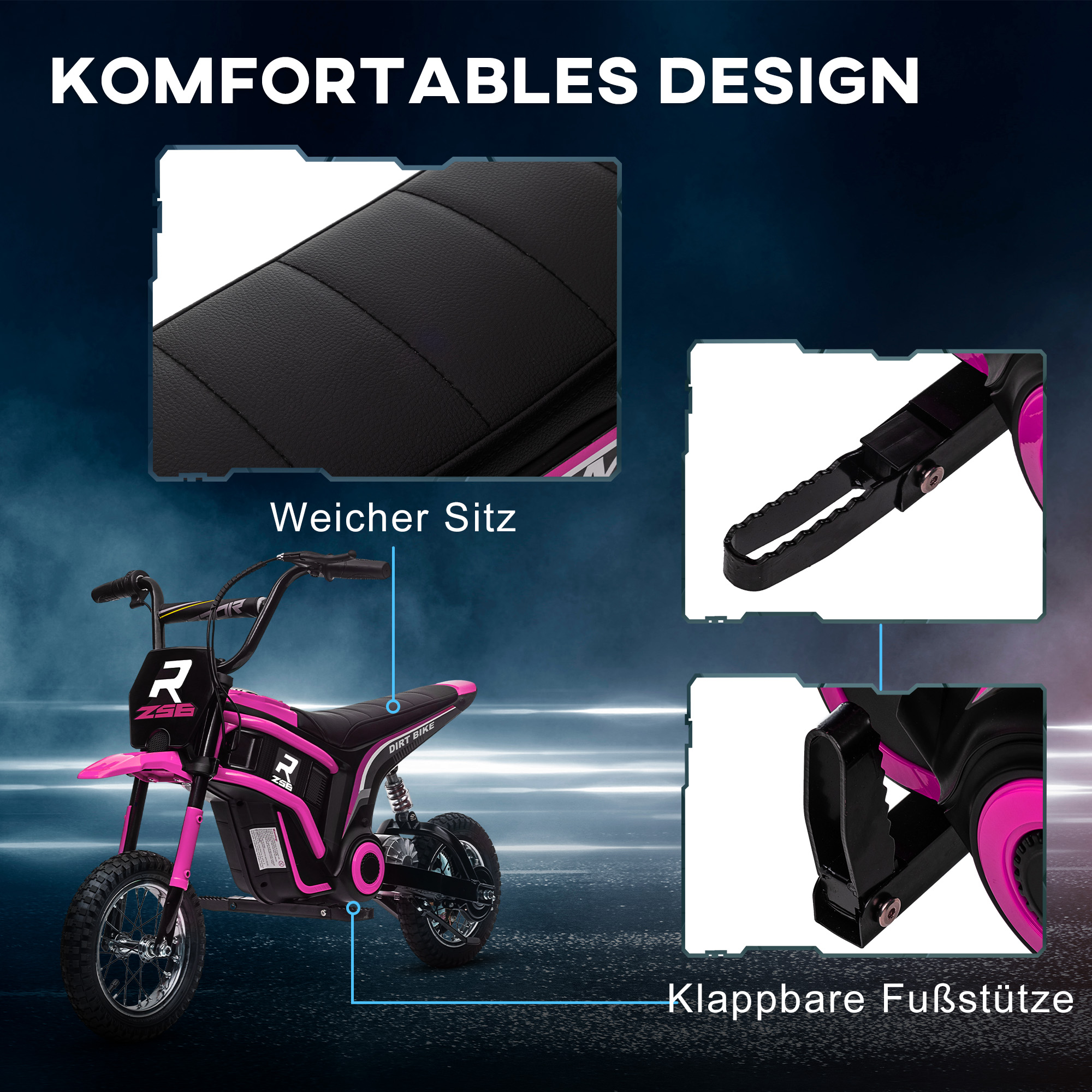 Elektro-Motorrad für Kinder, 24V Kindermotorrad mit Hupe, Leuchte, mit Drehgriff-Gashebel, 8-16 km/h, 8-12 Jahre, Rosa